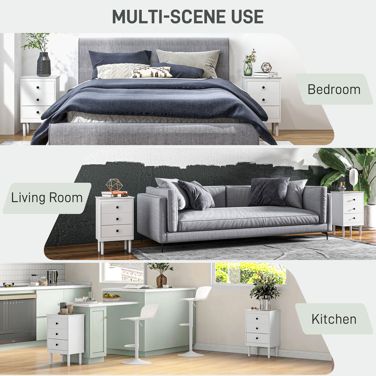 HOMCOM Set of Two Three-Drawer Modern Bedside Tables for Bedroom, White