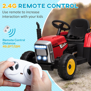 Aosom 12V Kids Ride on Tractor with Trailer, Remote Control, Music Start up Sound and Horn, USB, LED Lights, Red