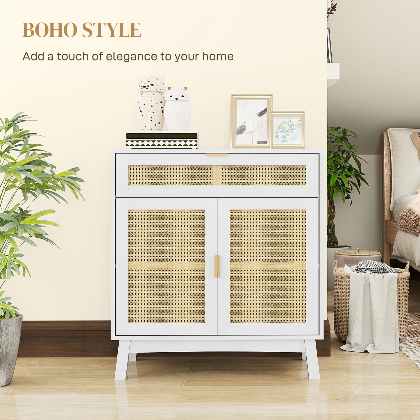 HOMCOM Boho Sideboard Storage Cabinet with Rattan Doors, Black