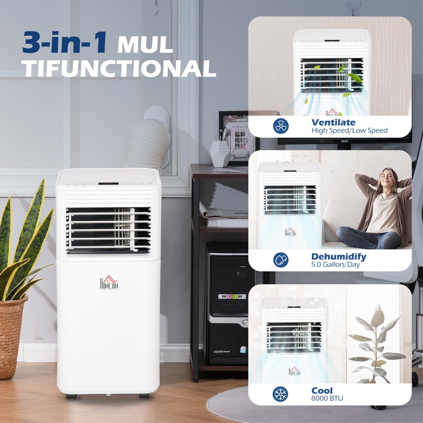 HOMCOM 8000 BTU Portable Air Conditioner with Fan & Dehumidifier Mode, Quiet AC Unit with Remote Control, 24-Hour Timer, White