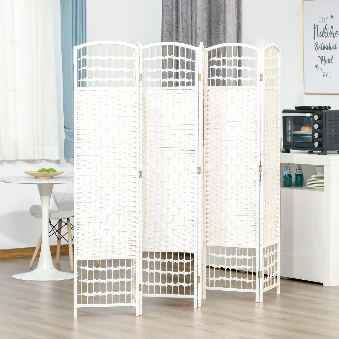 HOMCOM 6 Panel Room Divider, 5.6 ft Tall Folding Privacy Screen, Wave Fiber Freestanding Partition Wall Divider for Home Office, White