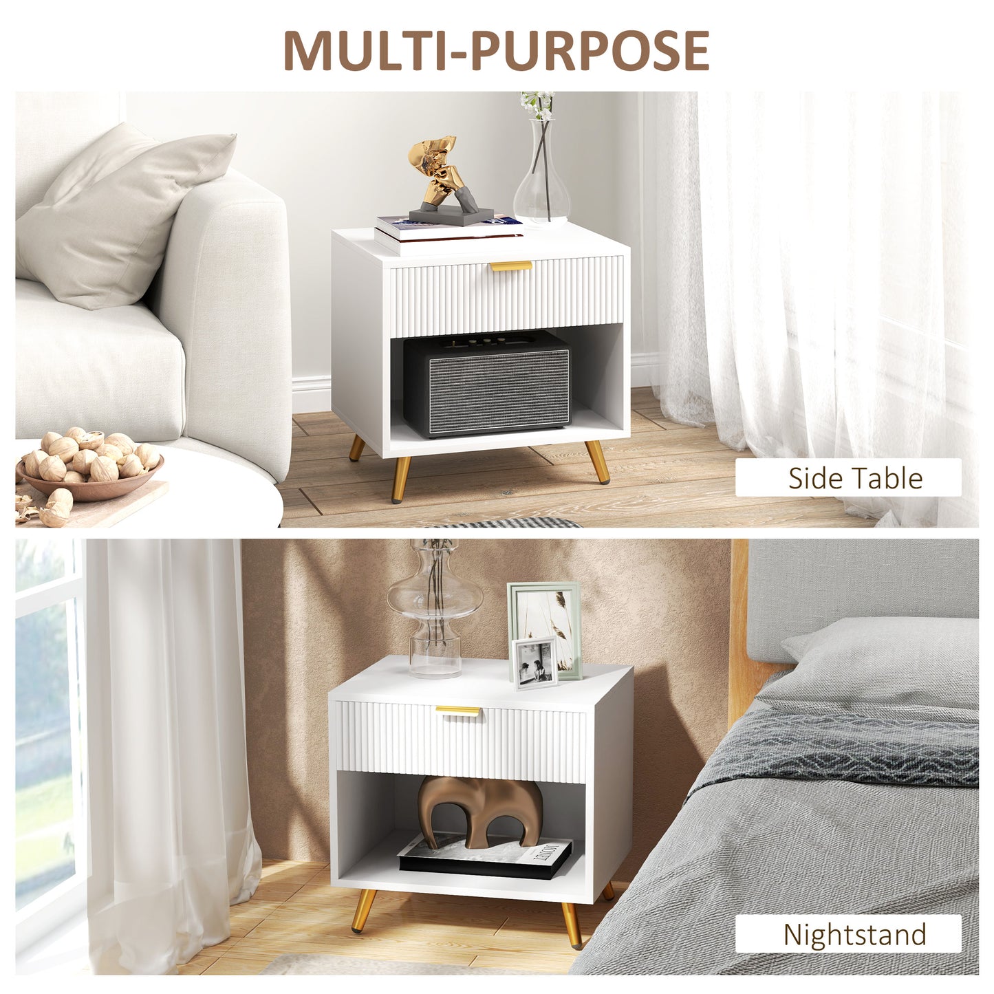 HOMCOM Nightstand with Fluted Panel, Bedside Table with Drawer and Open Compartment, Modern Night Table for Bedroom, Black