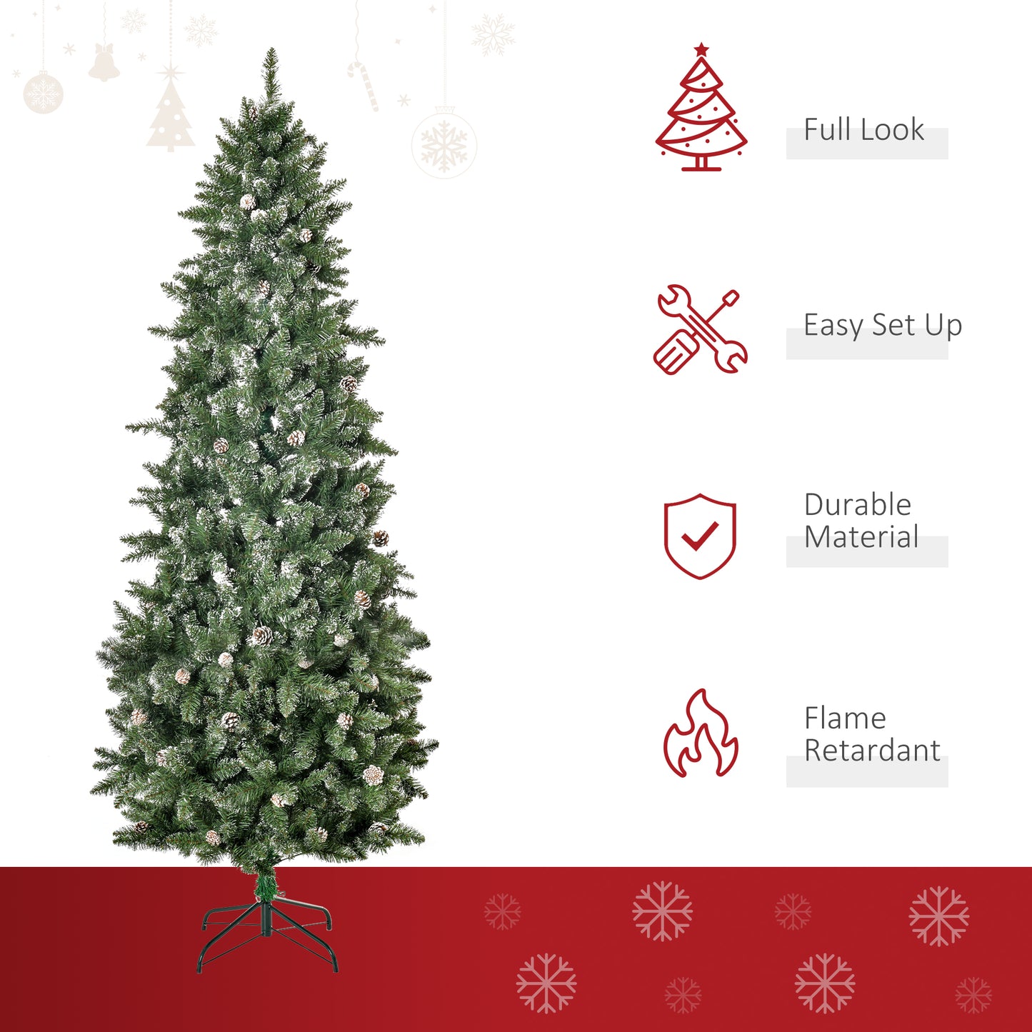 HOMCOM 7.5ft Artificial Christmas Tree, Flocked Christmas Tree with Pine Cones, 1119 Branch Tips and Metal Base, Green