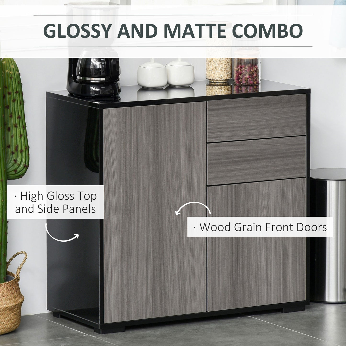 HOMCOM High Gloss Buffet Sideboard with 2 Drawers, 2 Doors and Adjustable Shelf, Kitchen Storage Cabinet with Push Open Design, White