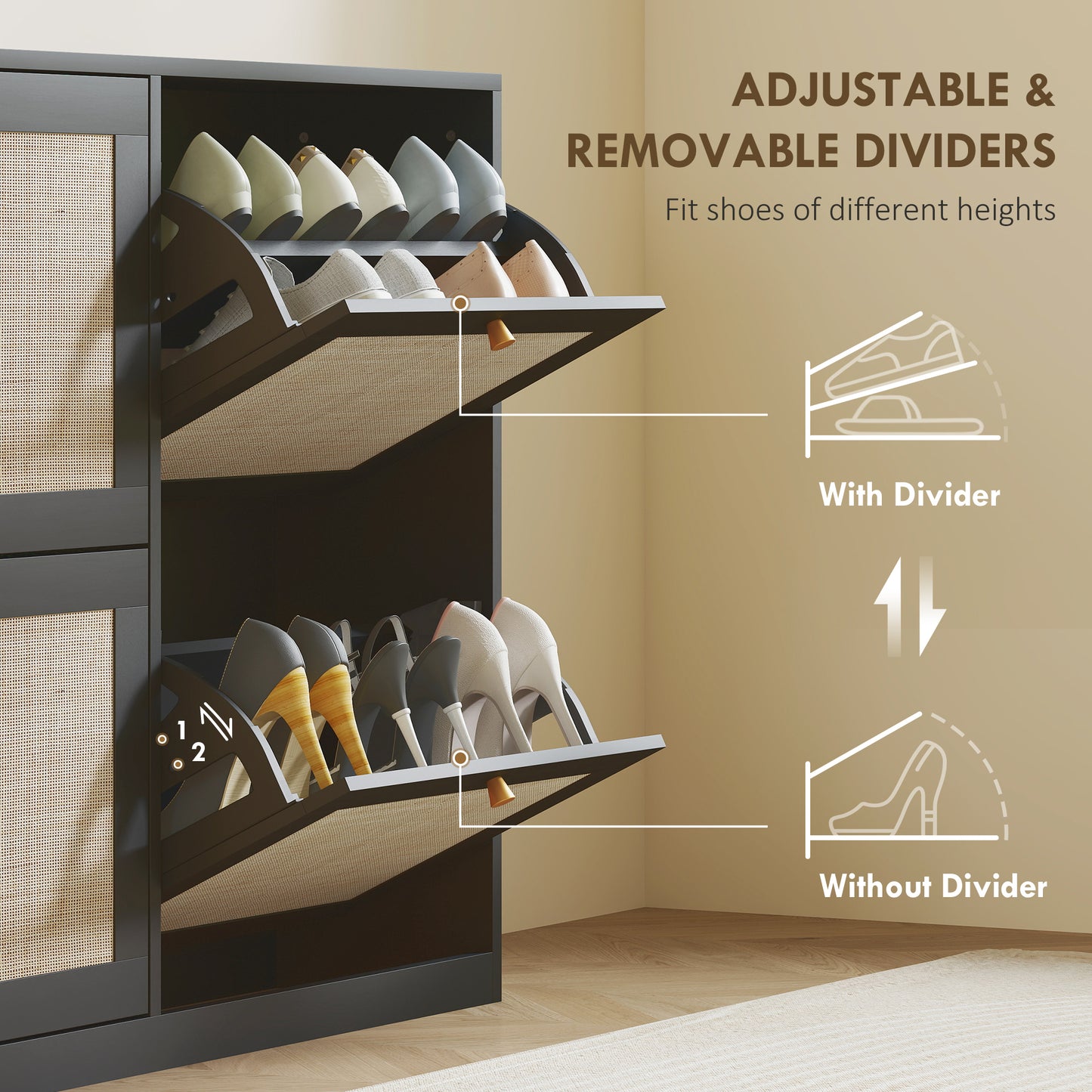 HOMCOM Narrow Shoe Storage Cabinet, Rattan Shoe Cabinet with 4 Flip Drawers and Adjustable Shelves for 20 Pairs, Black