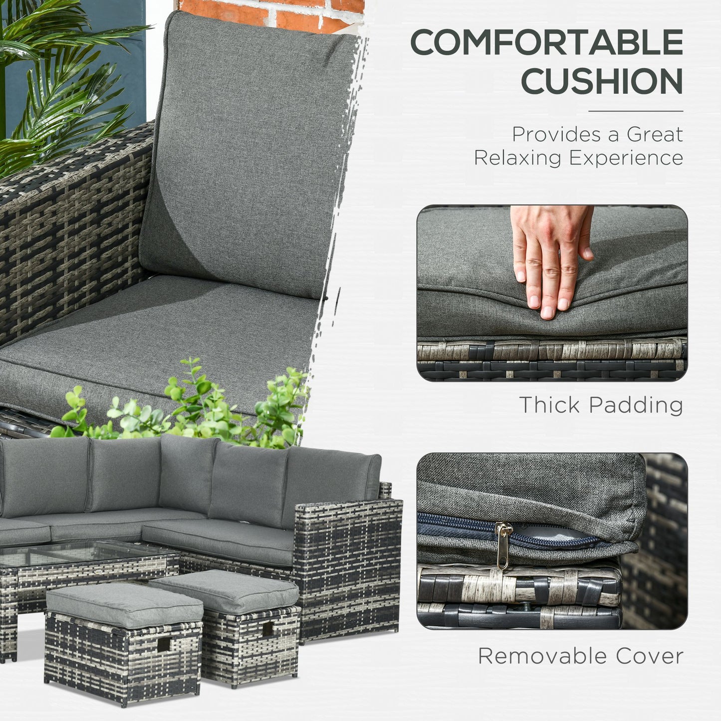 Outsunny 6 Piece Rattan Garden Furniture Set, 8-Seater Outdoor Sofa Sectional with 3 Loveseat Wicker Sofa with Cushions, 2 Footstools and Glass Table for Yard, Poolside, Grey
