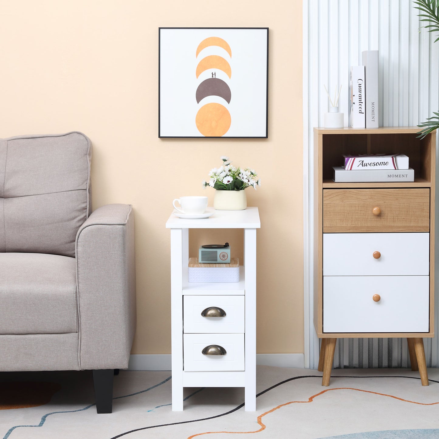 HOMCOM Slim End Table with 2 Drawers and Storage Shelf, Sofa Side Table for Living Room, Narrow Nightstand, White