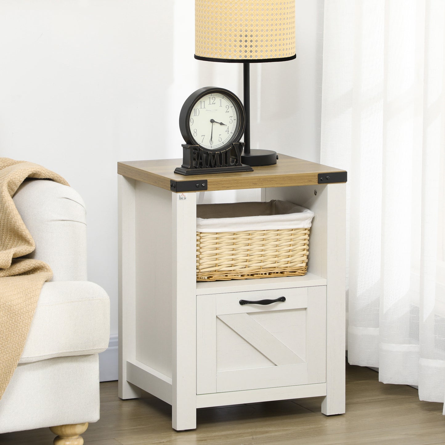 HOMCOM Side Table with Storage, Farmhouse End Table with Drawer, Open Shelf and Barn-style Panel, Nightstand for Living Room, Bedroom, Oak