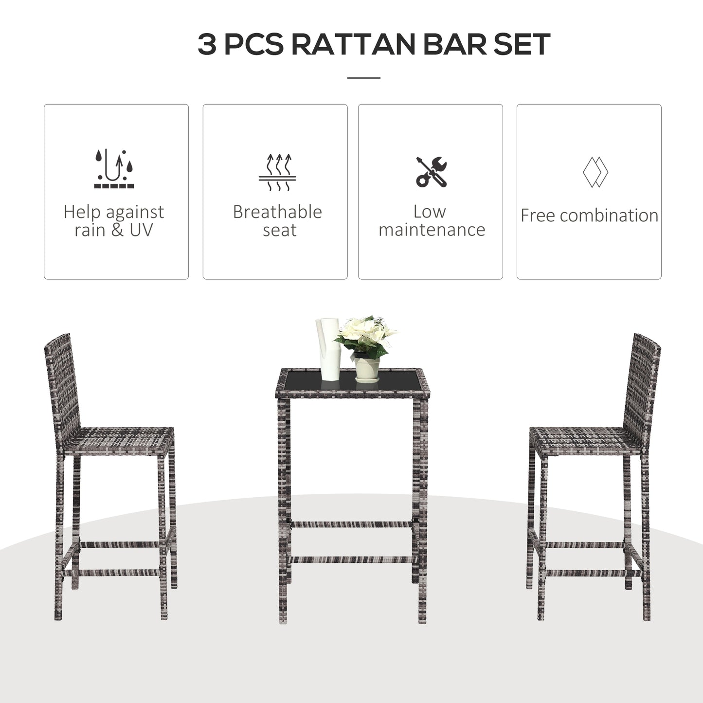 Outsunny 3 Piece Patio Bar Set Wicker Rattan Garden Bistro Set Barstool and Table for Patio Backyard Balcony Poolside, Black