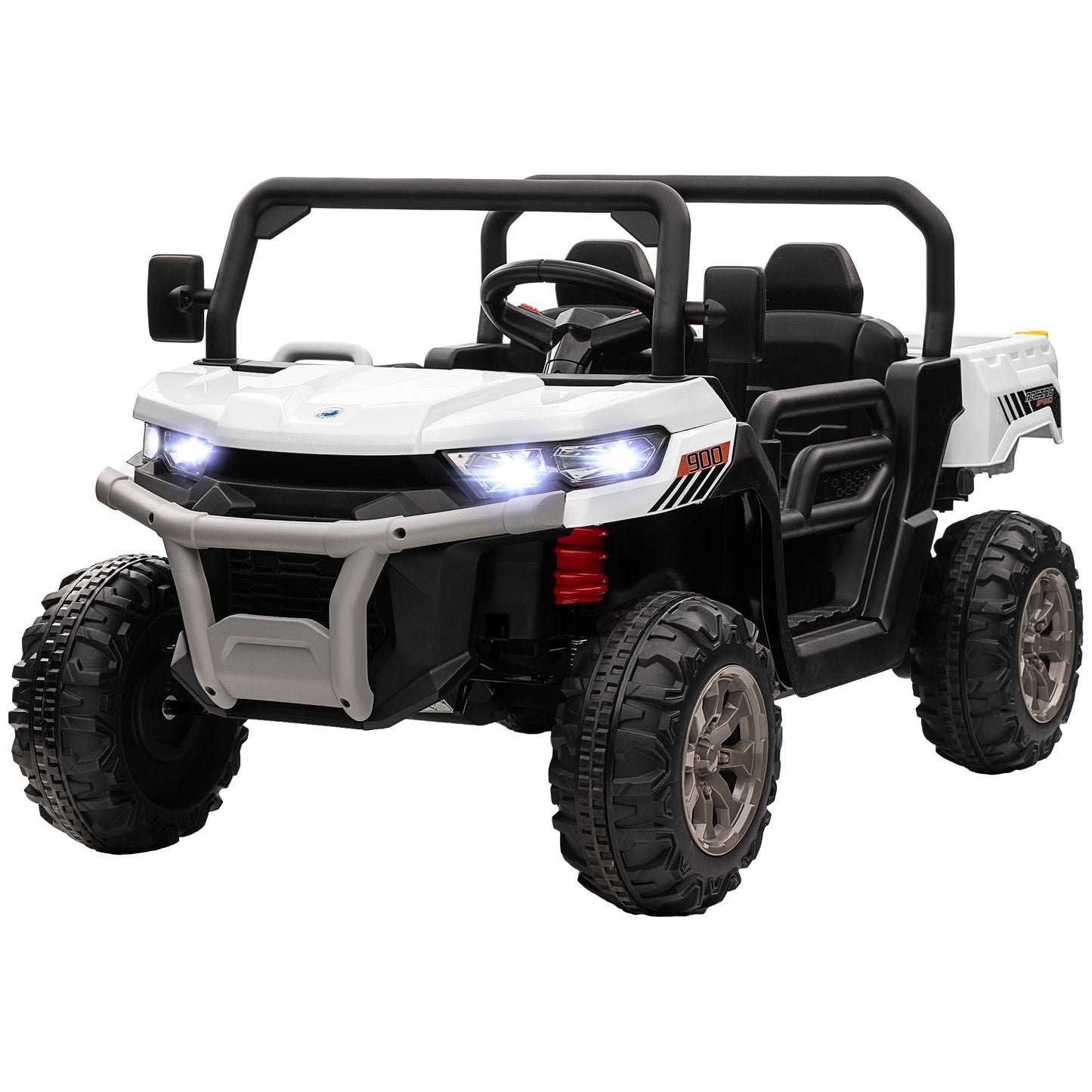 Aosom 12V Ride on Car with Electric Bucket, Two-Seater, Shovel, Remote Control, Spring Suspension, Horn, Music, Red