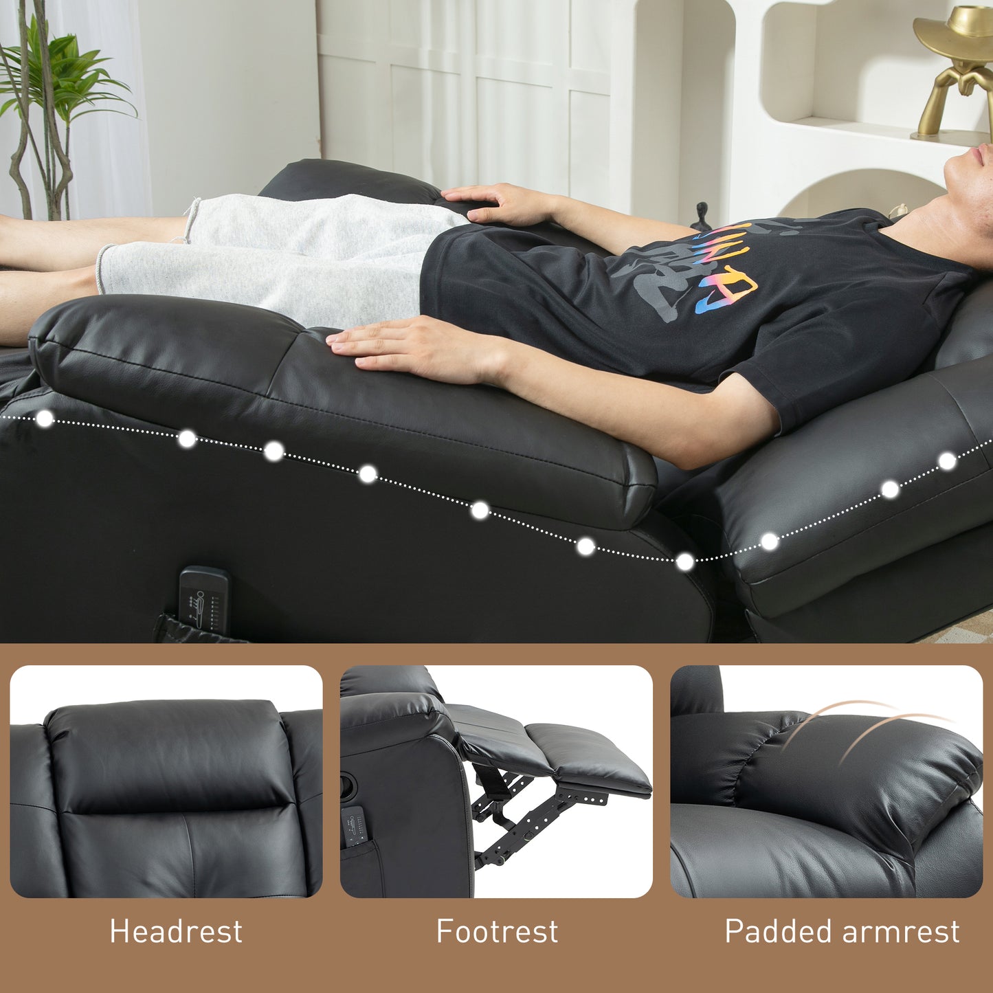 HOMCOM 8-Point Vibration Massage Recliner Chair for Living Room, PU Leather 360° Swivel Manual Reclining Sofa Rocking Chair with Remote Control, Side Pockets, Grey
