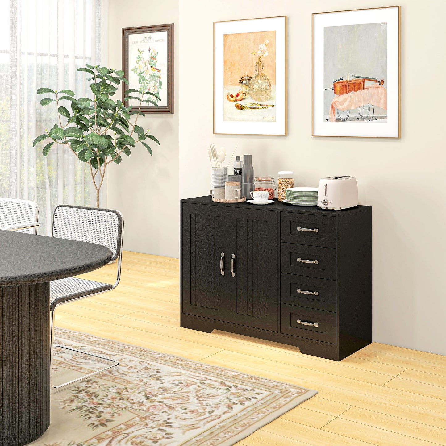 HOMCOM Modern Sideboard Buffet Cabinet with Drawers and Beadboard Door Cupboard Kitchen Storage Cabinet White