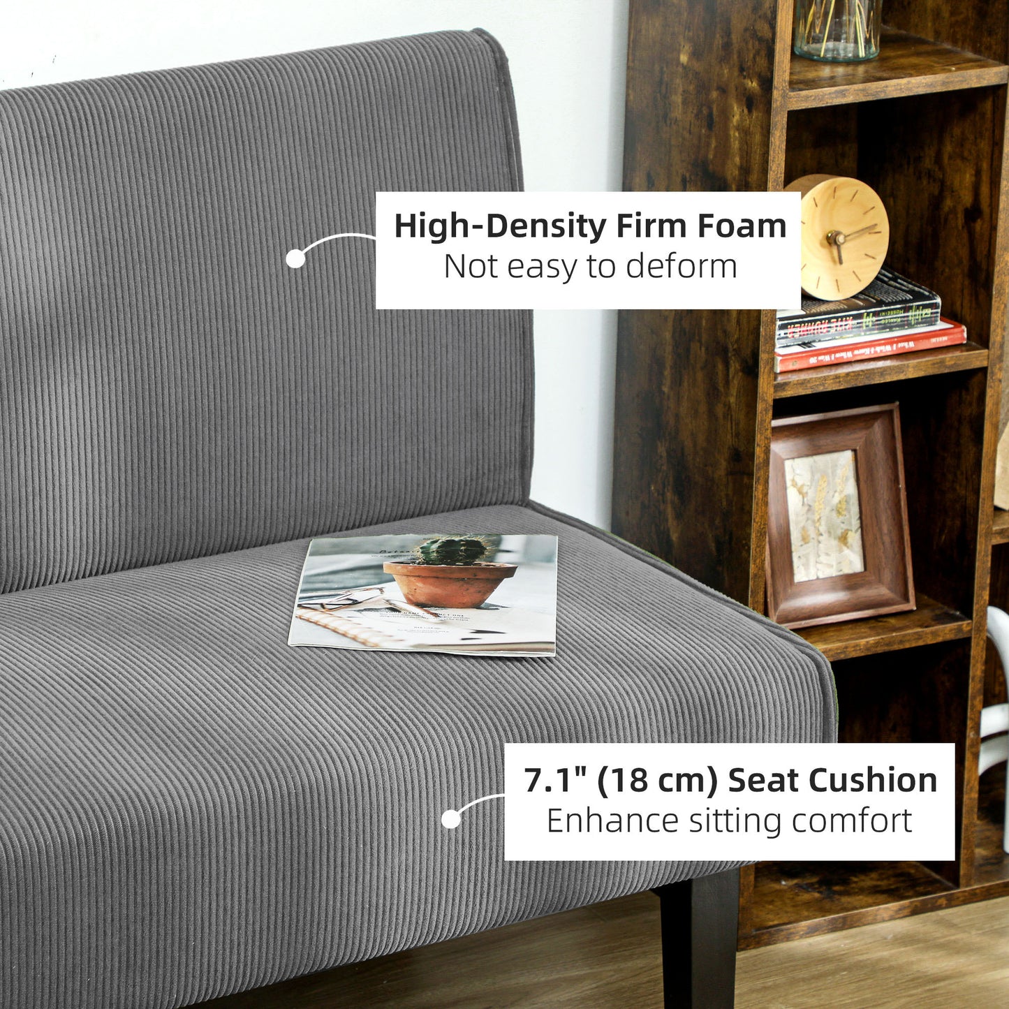 HOMCOM 46.5" Loveseat Couch with USB Ports, Corduroy Love Seat Sofa with Wood Legs for Living Room, Bedroom, Small Space, Grey