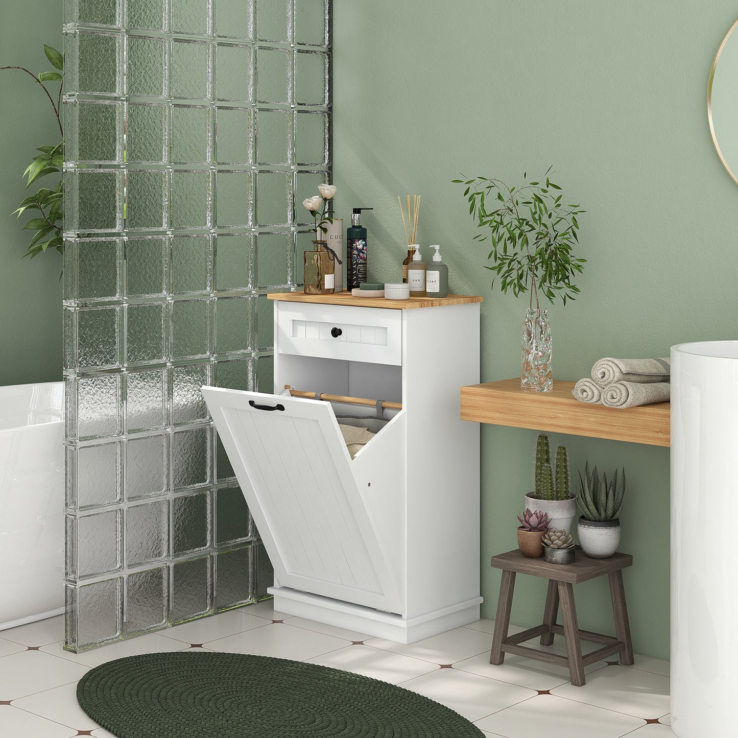 HOMCOM Laundry Cabinet with Removable Basket and Drawer, Tilt-Out Laundry Hamper for Bathroom, Living Room, White