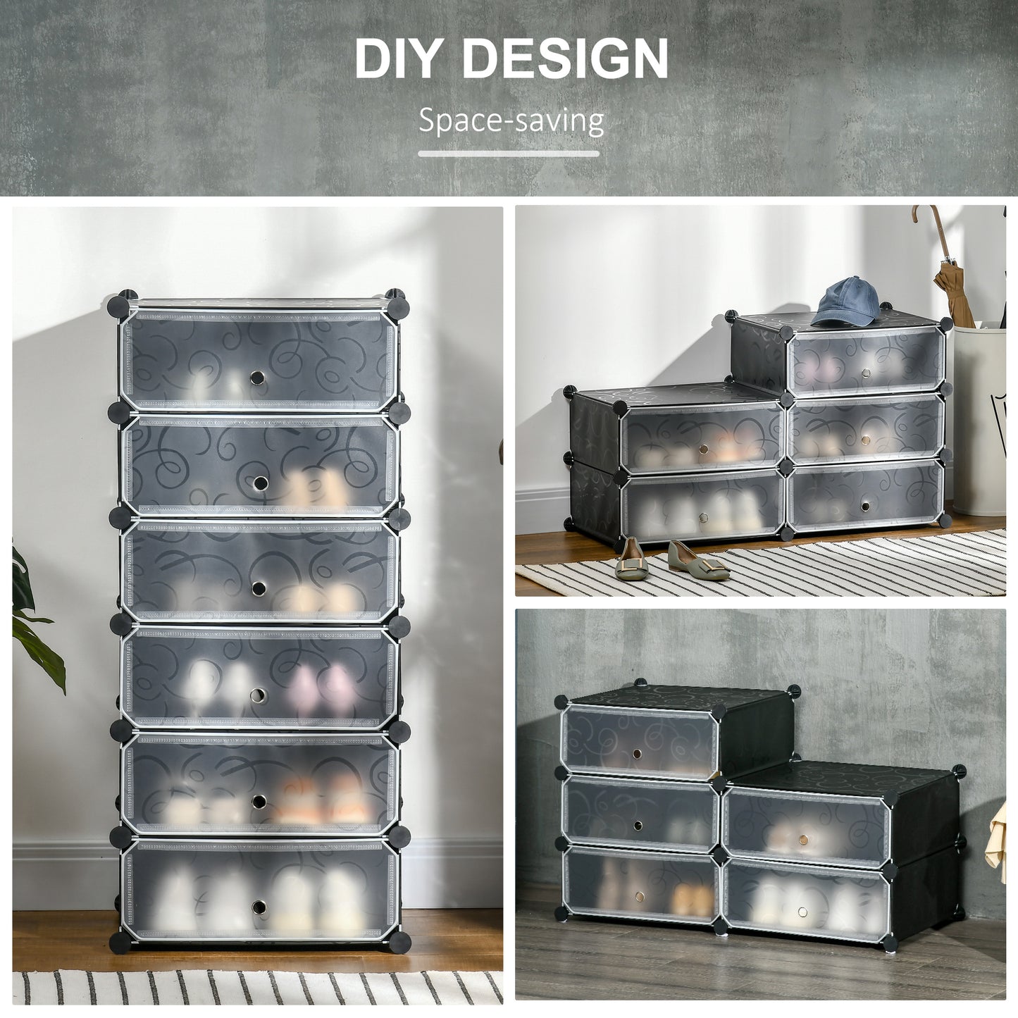 HOMCOM 6-Tier Shoe Rack, 6 Cube Storage Organizer with Doors, DIY 6-Cube Modular Cabinet for Living Room, Black