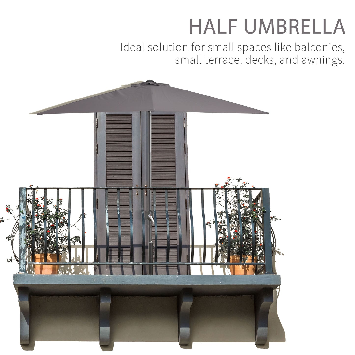 Outsunny 8ft Half Round Umbrella Outdoor Balcony Parasol Patio Garden Outdoor Window Sun Shade w/ 5 Ribs