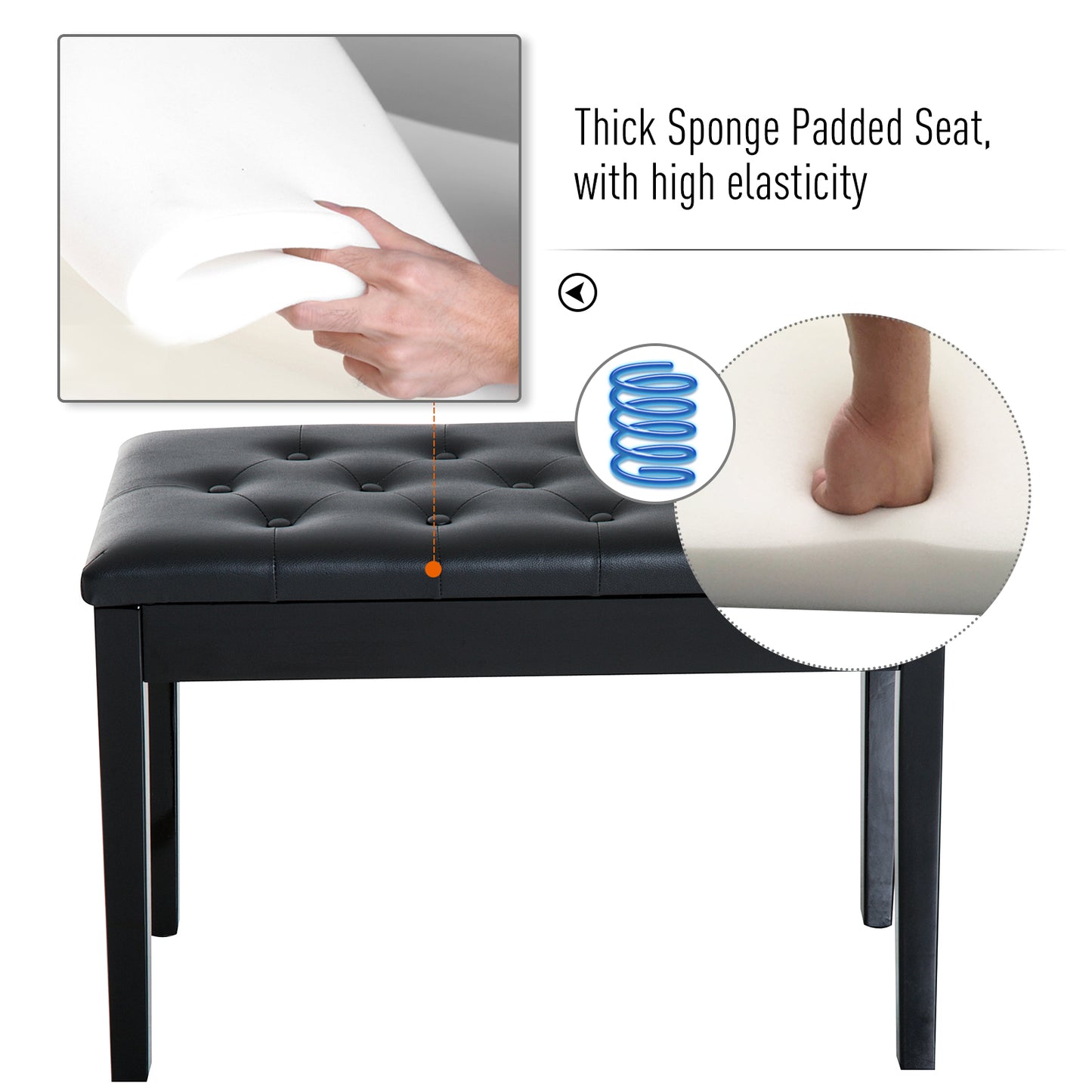 HOMCOM 30" Piano Bench with Padded Cushion and Storage, Faux Leather Keyboard Bench with Solid Wood Legs, Black