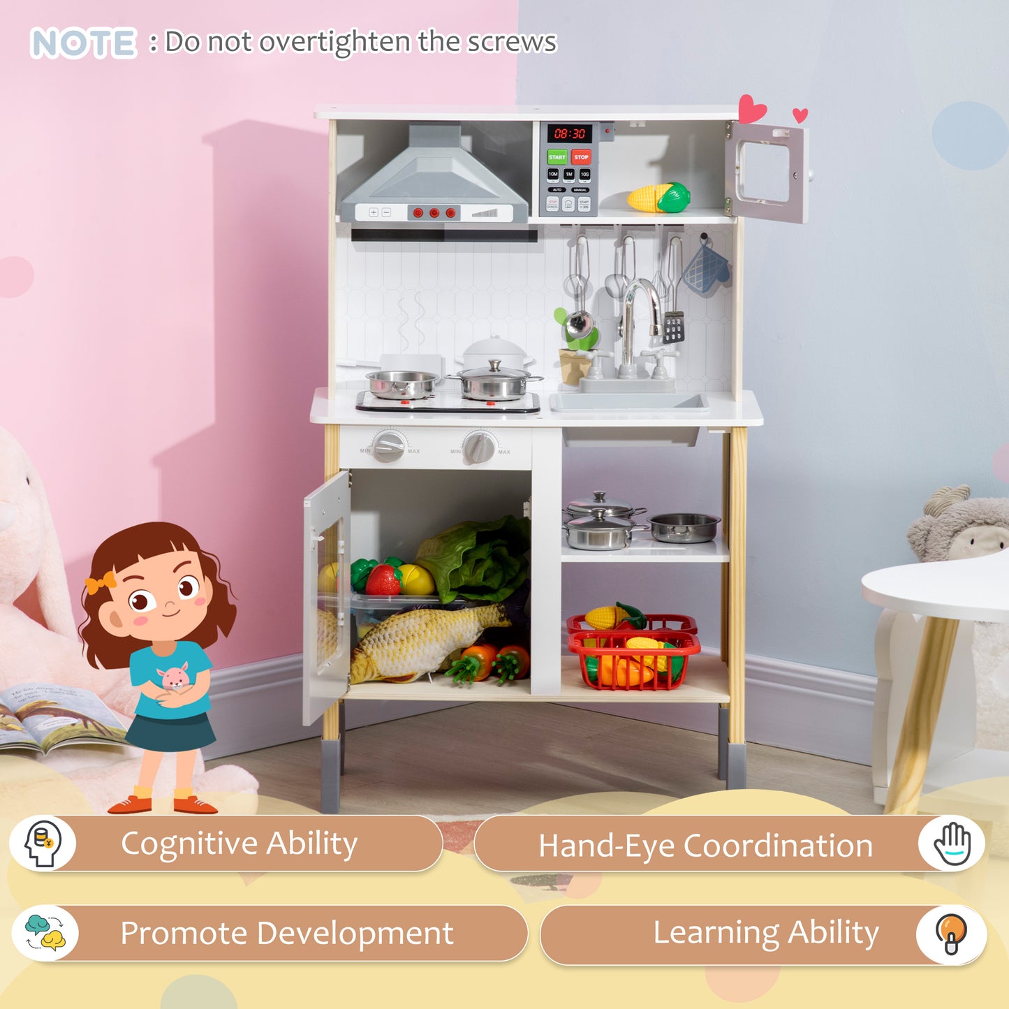Qaba Wooden Play Kitchen with Realistic Lights Sounds, Microwave, Range Hood, Cooking Accessories, Adjustable Height, White