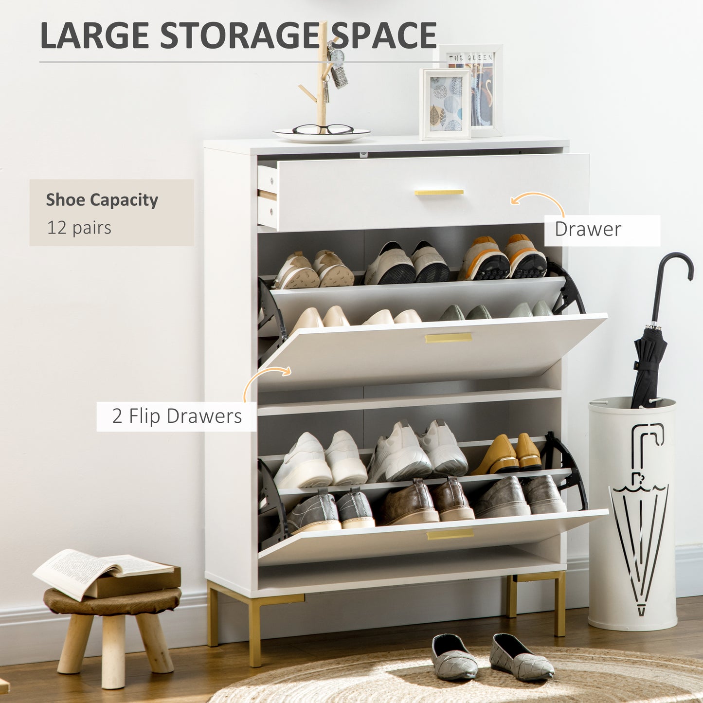 HOMCOM Modern Shoe Cabinet Storage 12 Pair Shoe Organizer with 2 Flip Doors Drawer and Adjustable Shelf White