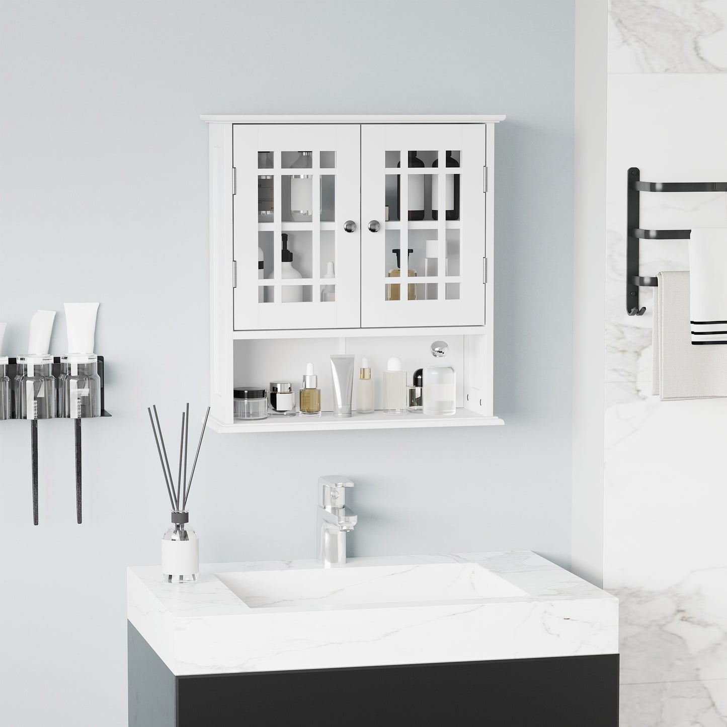 kleankin Modern Wall Mount Bathroom Cabinet, Storage Organizer with 2 Door Cabinet and Open Shelf, White