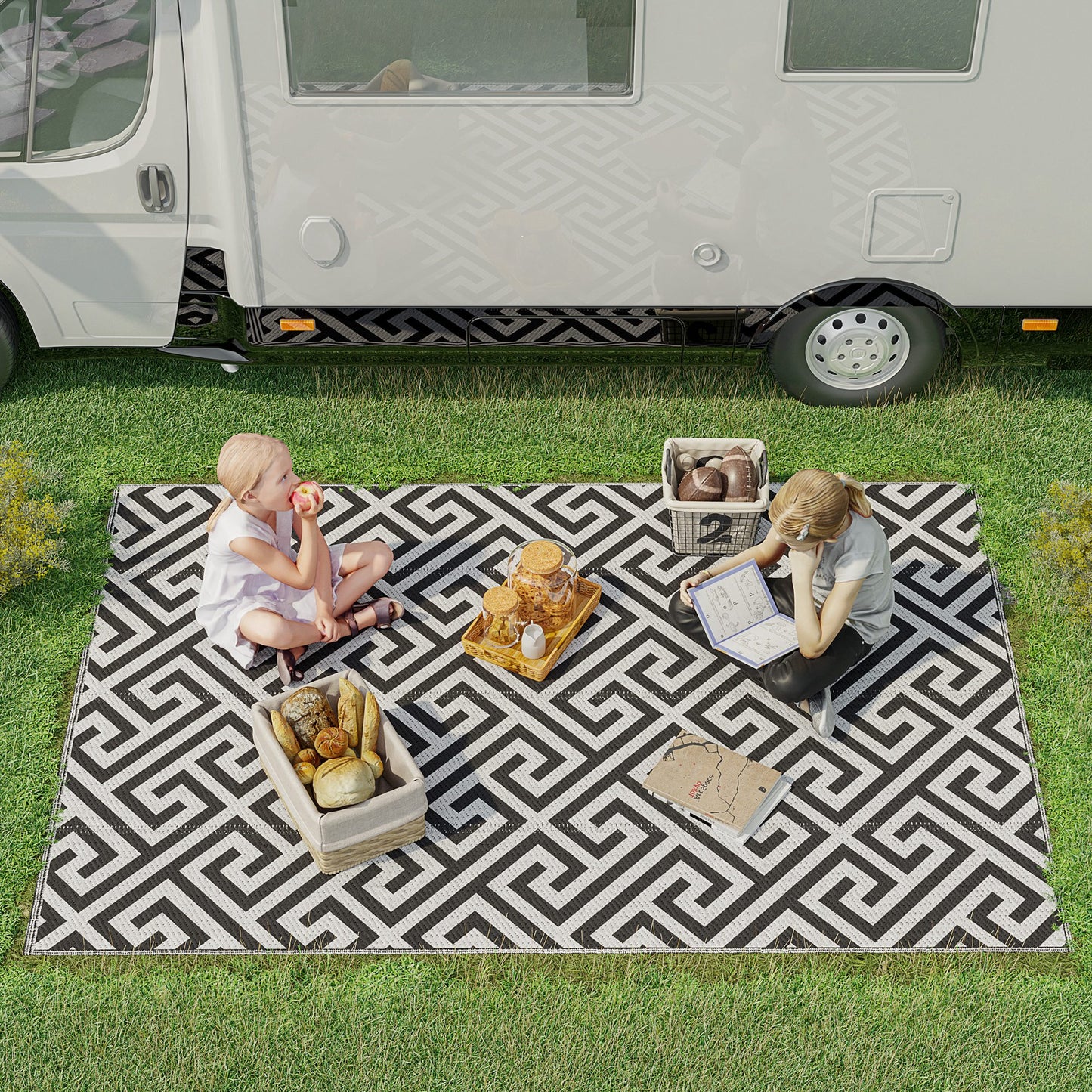 Outsunny Reversible Outdoor RV Rug, Patio Floor Mat, 5' x 8' Plastic Straw Rug for Backyard, Deck, Beach, Camping, Black & White