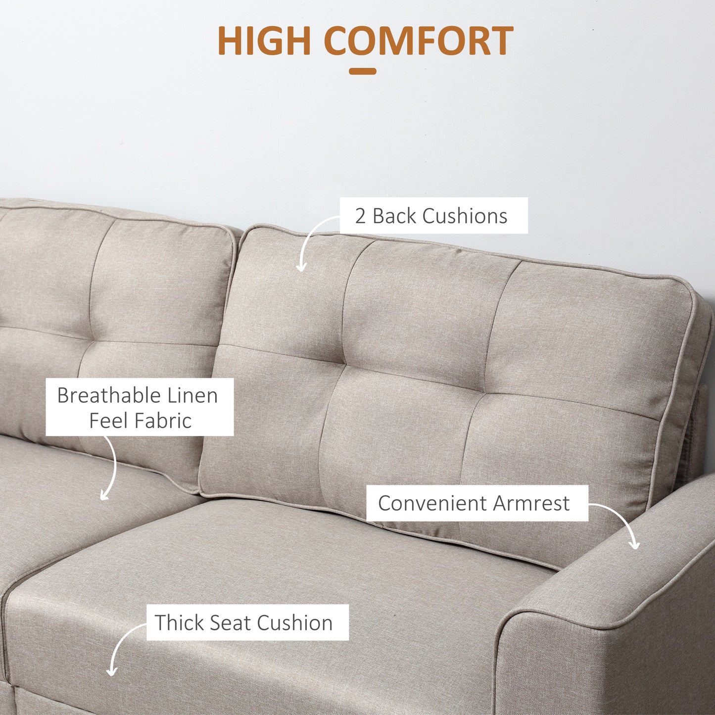 HOMCOM 3-Seater Sofa, Mid-Century Linen Couch with Upholstered Seat, Button-Tufted Back Cushion and Rubber Wood Legs for Living Room, Bedroom, Gray