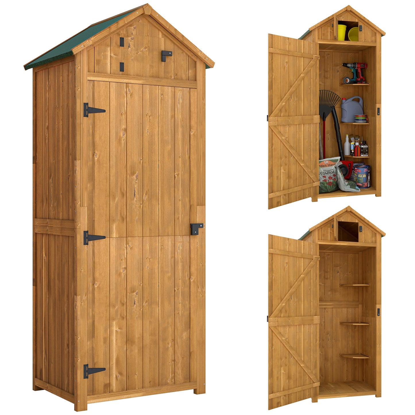 Outsunny 30" x 21" x 71" Garden Storage Shed, Outdoor Tool Utility Storage House with 3 Tier Shelves and Roof, Brown