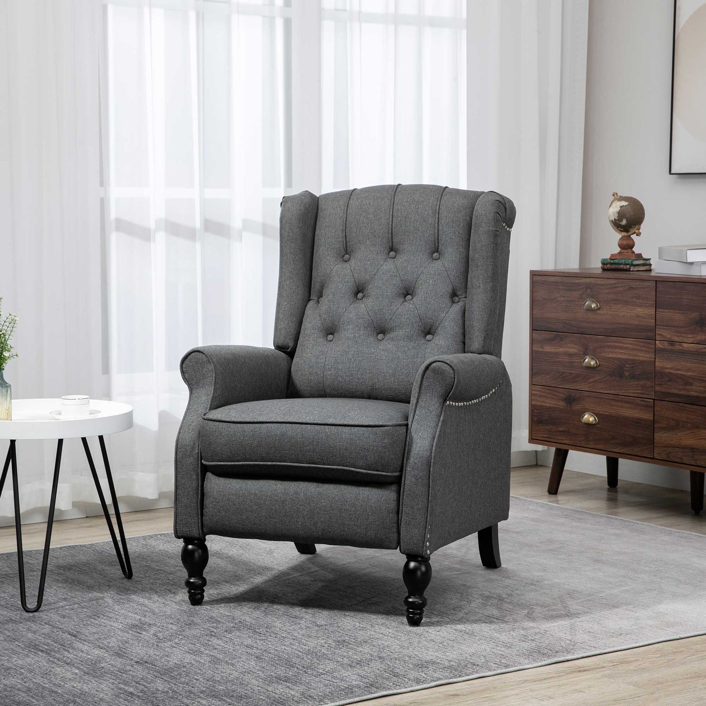 HOMCOM Wingback Reclining Chair with Footrest, Button Tufted Recliner Chair with Rolled Armrests for Living Room, Light Grey