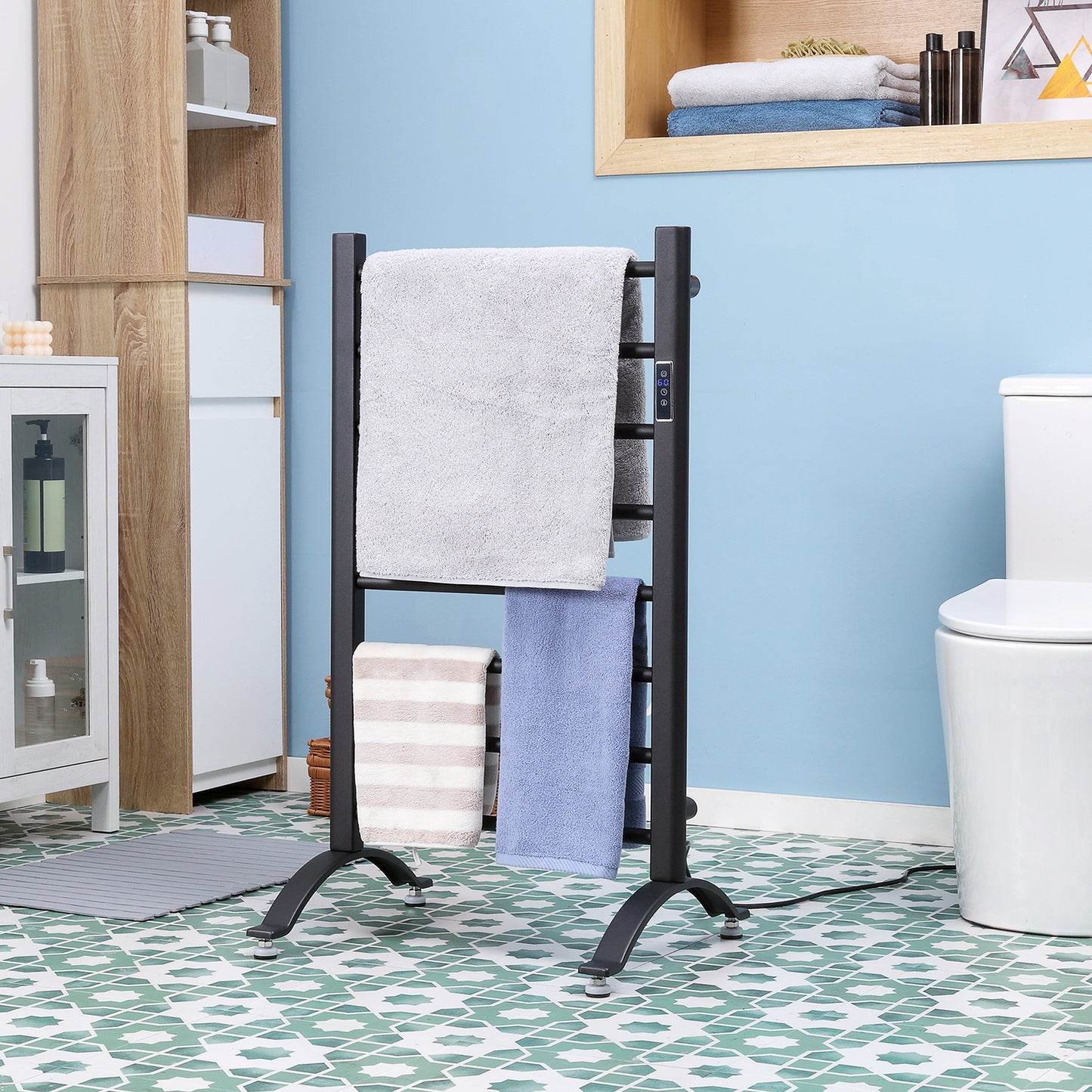 HOMCOM 8-Bar Heated Towel Warmer Rack with Built-in Timer and LED Indicators, Wall Mounted & Free Standing Carbon Steel Electric Towel Bar with Adjustable Temperature, White