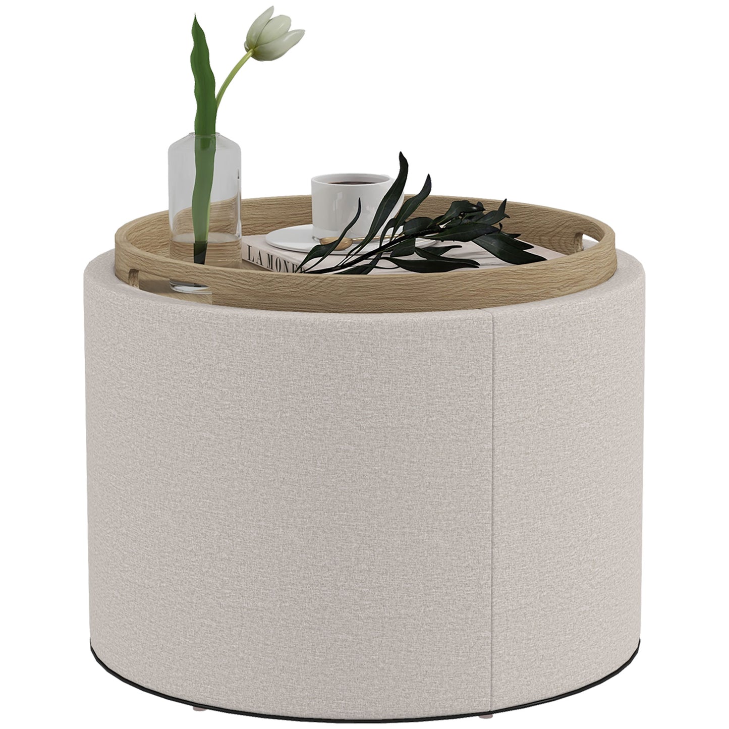 HOMCOM Round Coffee Table, End Table with Hidden Storage and Tray Top, Linen Upholstered Footrest for Living Room