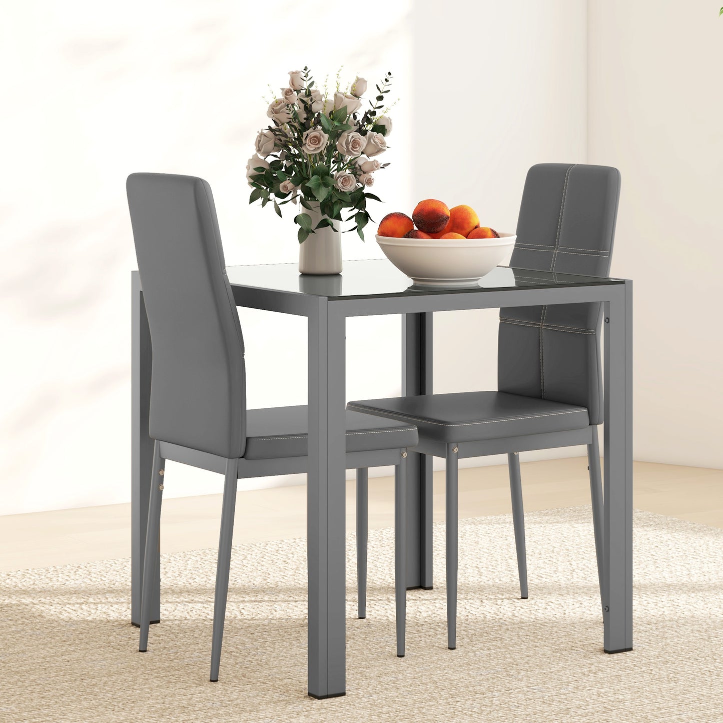 HOMCOM 5-Piece Rectangular Glass Kitchen Table and Chairs with Metal Frame and Faux Leather Upholstery for Dining Room, White