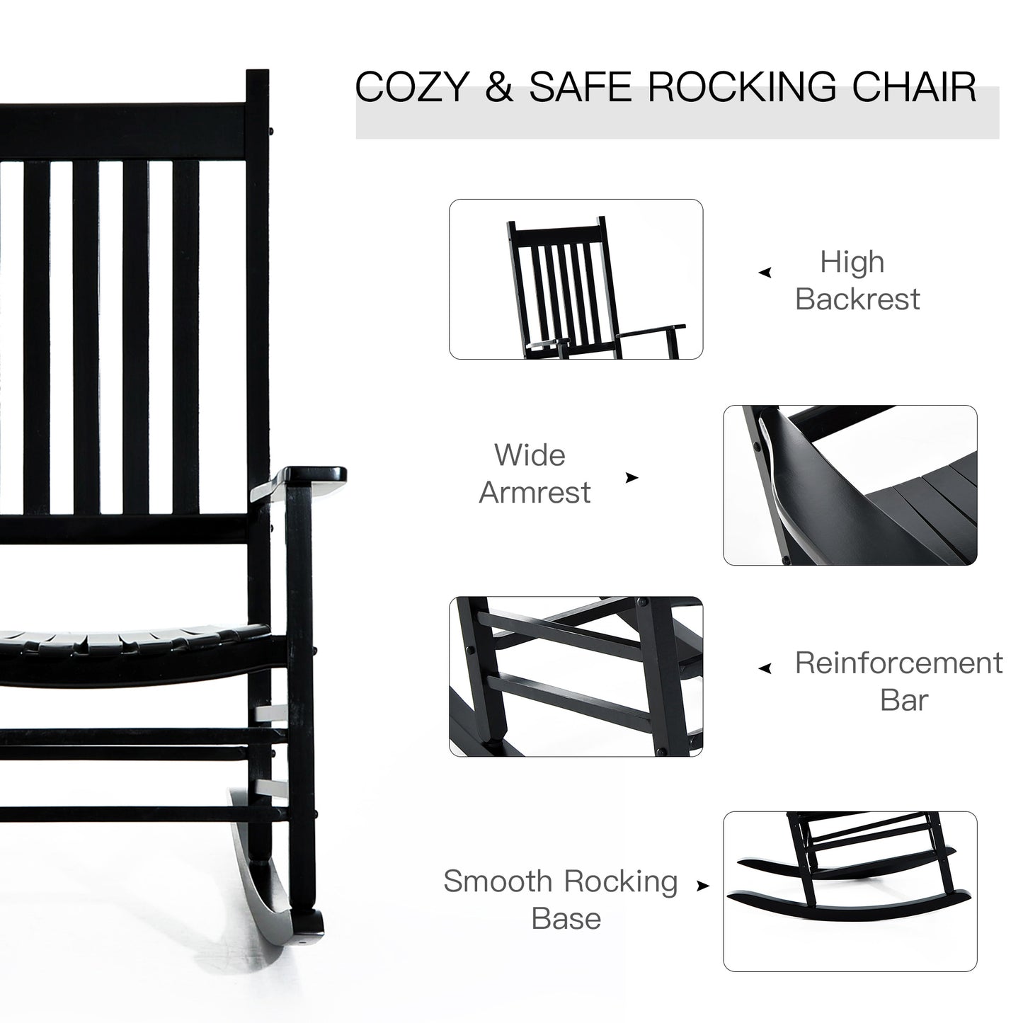 Outsunny Wooden Porch Rocking Chair Outdoor Patio Rocker Garden Single Leisure Reclining Seat Armchair Black