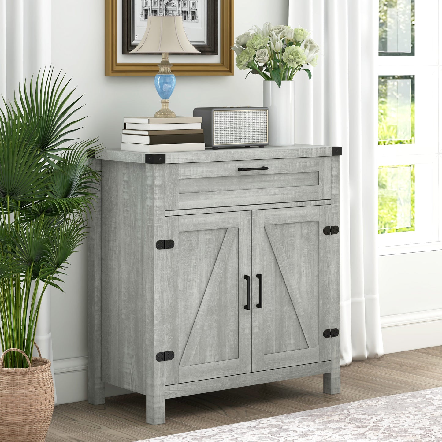 HOMCOM Farmhouse Kitchen Storage Cabinet, Sideboard Buffet Cabinet with 2 Rustic Barn Doors and Drawer, Oak