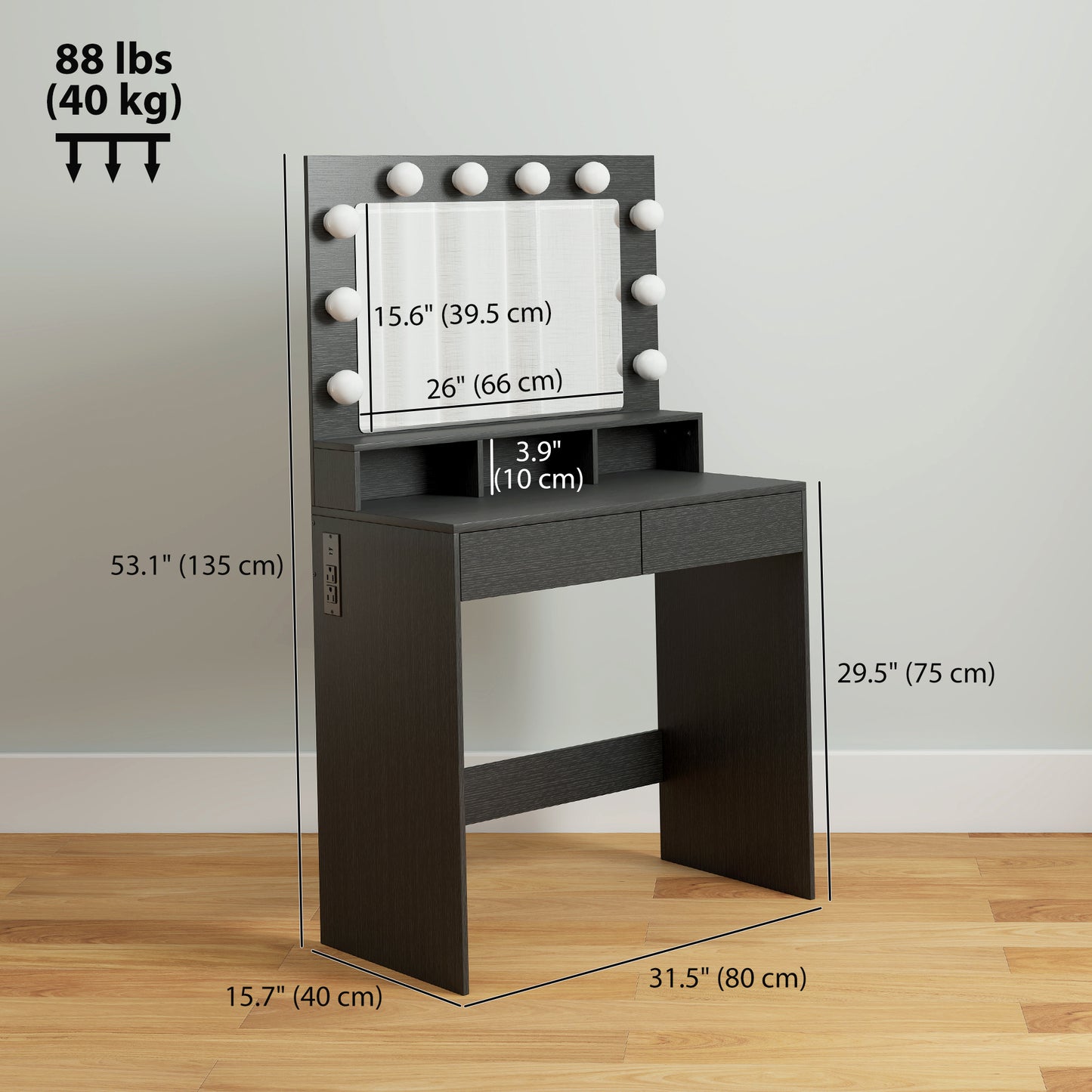 HOMCOM Vanity Table, Makeup Dressing Table with LED Lighting Mirror, Drawers, for Bedroom, Black
