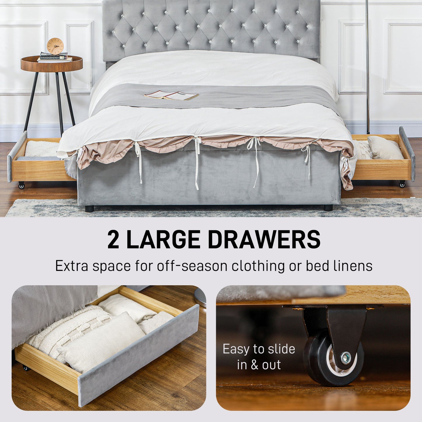 HOMCOM Full Bed Frame with Headboard, Double Bed Frame with 2 Drawers, No Box Spring Needed, Easy Assembly, Light Grey