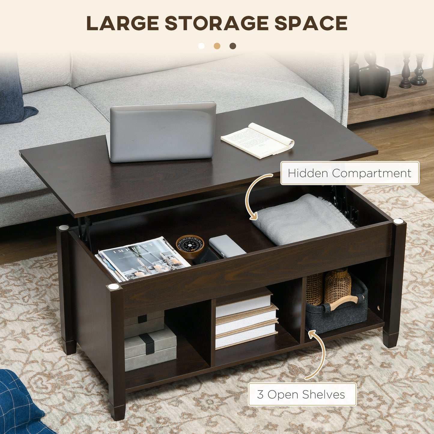 HOMCOM Lift Top Coffee Table with Hidden Storage Compartment and 3 Lower Shelves, Pop-Up Center Table for Living Room, Espresso