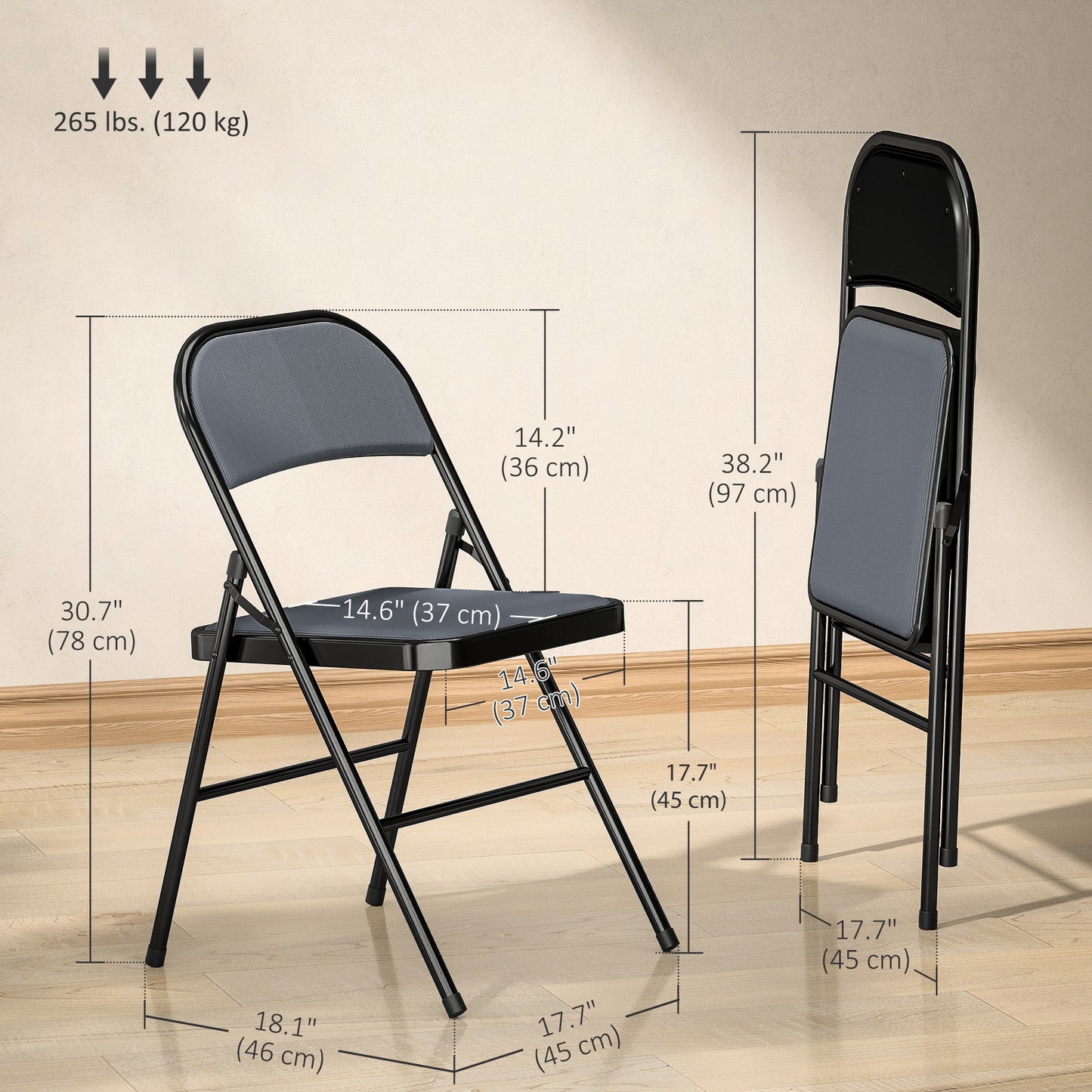 HOMCOM Set of 6 Metal Foldable Chairs, Linen Padded Folding Chairs with Cushion Seat and Open Back for Indoor, Black