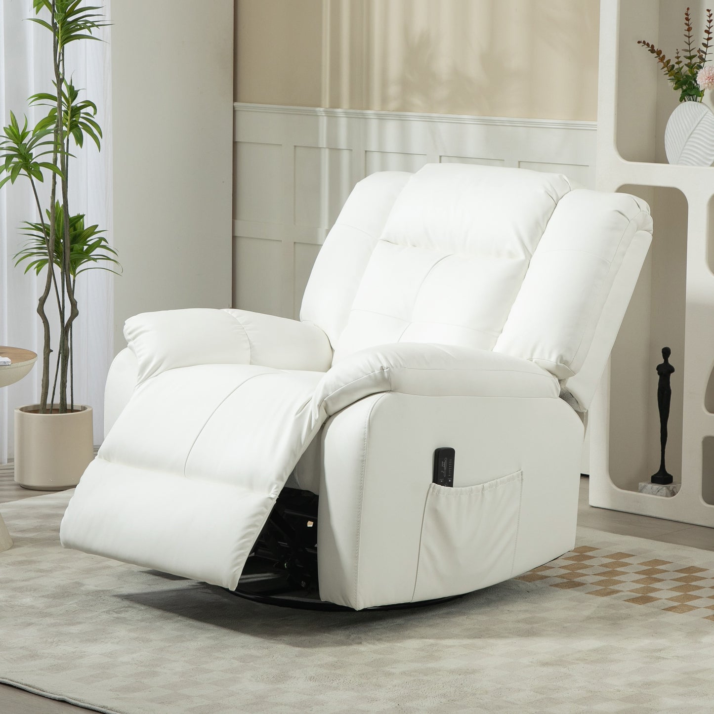 HOMCOM 8-Point Vibration Massage Recliner Chair for Living Room, PU Leather 360° Swivel Manual Reclining Sofa Rocking Chair with Remote Control, Side Pockets, Grey