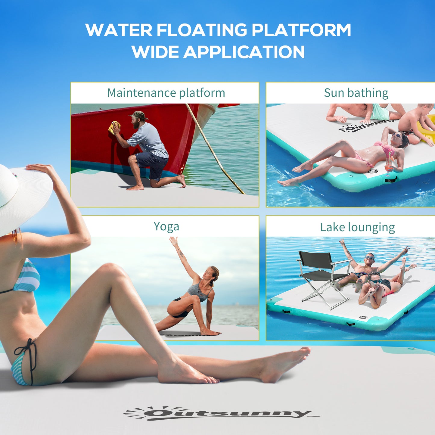 Outsunny 8' x 6' Water Floating Dock, Rafting Inflatable Island with Air Pump and Backpack for Pool, Beach, Ocean, Blue & Green