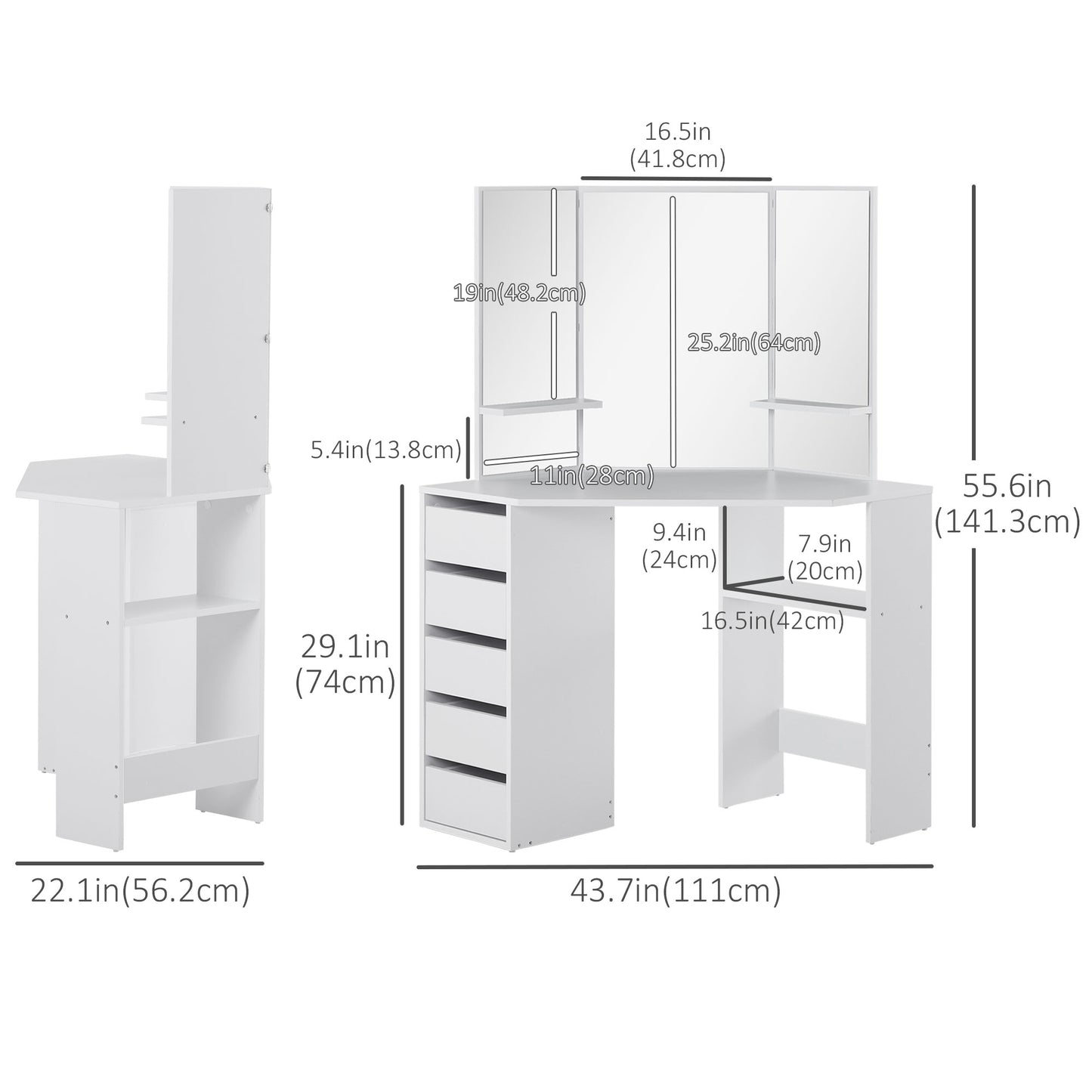 HOMCOM Corner Vanity Desk with Mirror, Makeup Vanity Table with 5 Drawers and Open Shelves, Dressing Table with 3-piece Mirror for Bedroom, Black