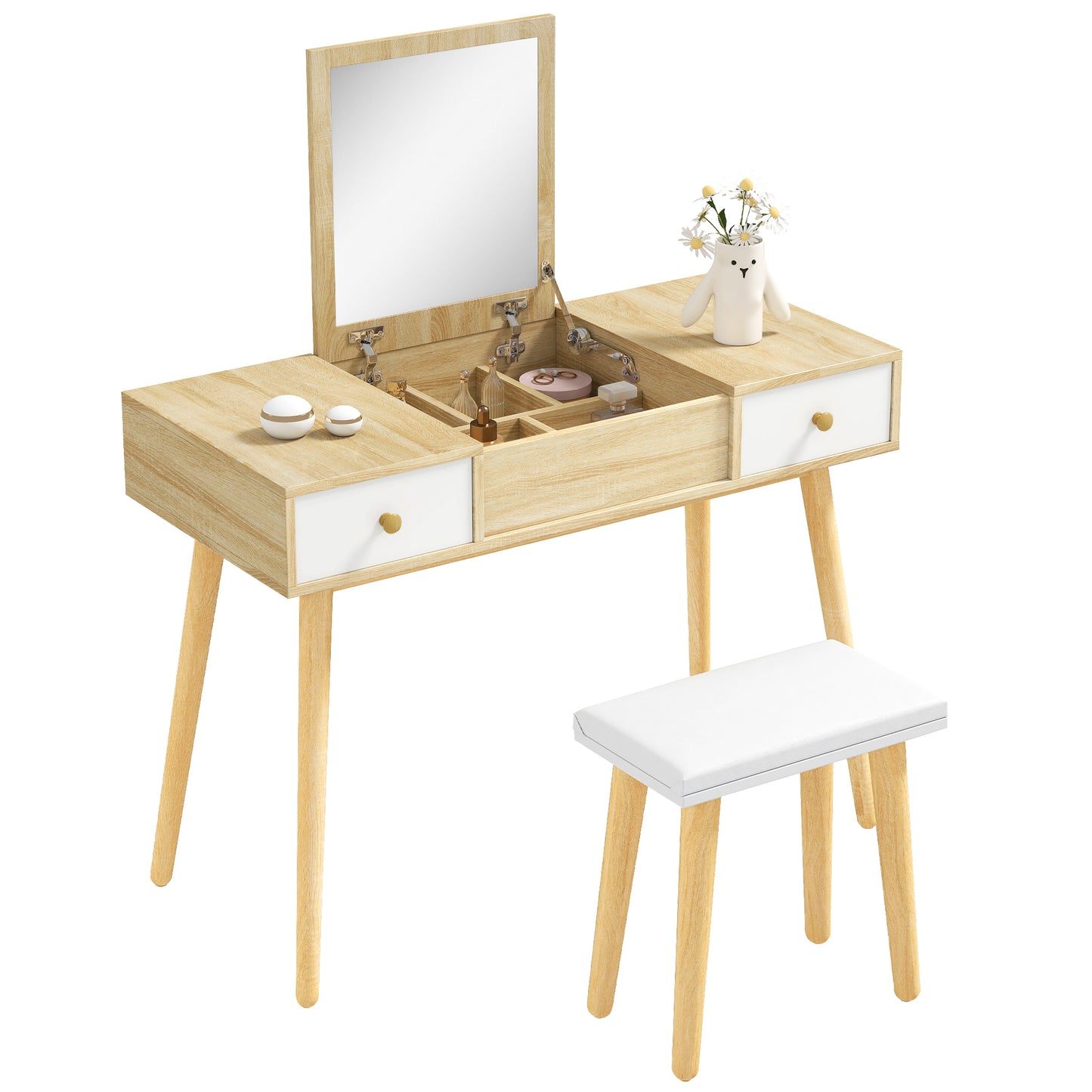 HOMCOM Makeup Vanity Desk with Flip Top Mirror and Cushioned Stool, Dressing Table Writing Desk with 2 Drawers and Storage Grids for Bedroom (White)
