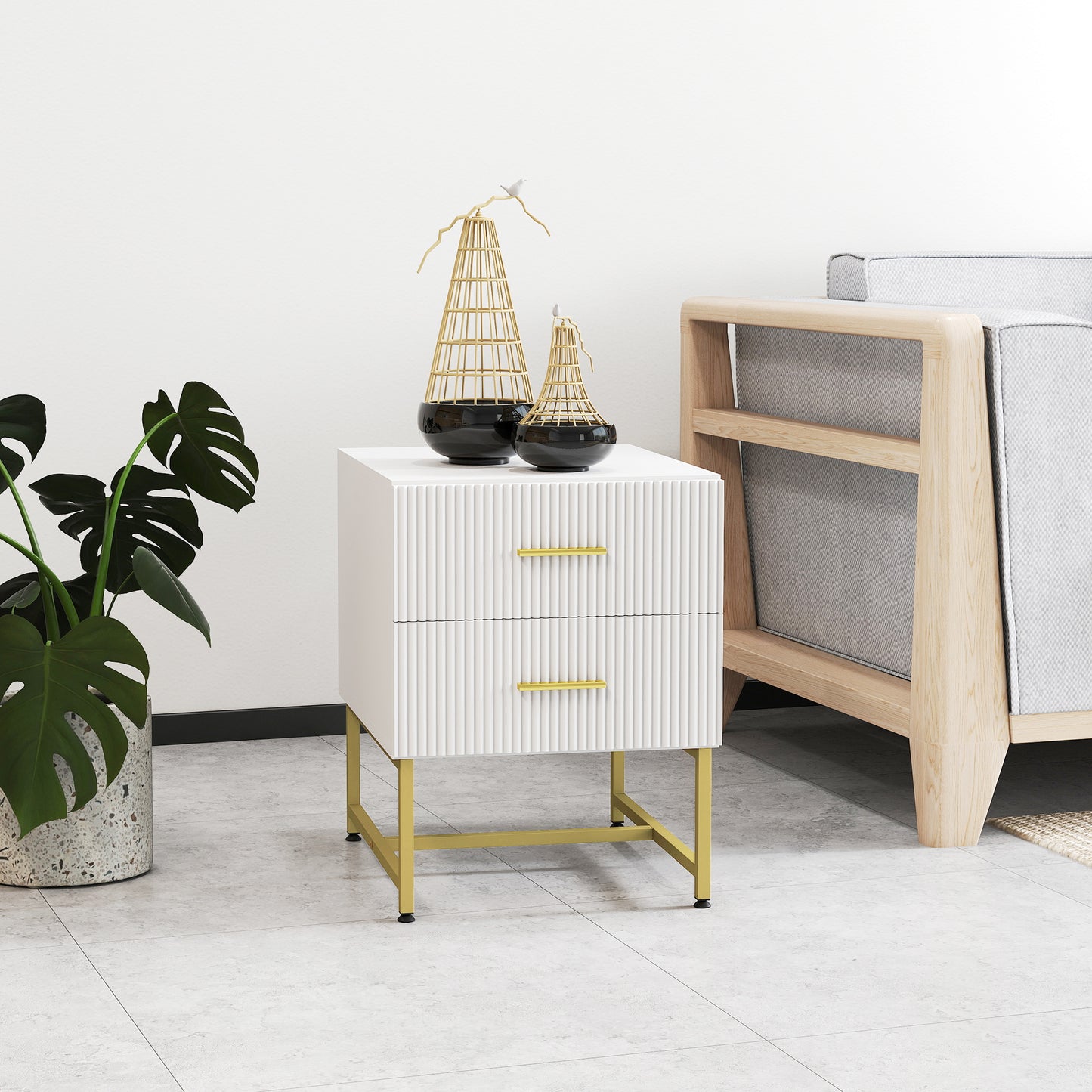 HOMCOM 2 Pieces Nightstands with Storage, Modern Bedside Tables with 2 Fluted Drawers and Gold Legs for Bedroom, White