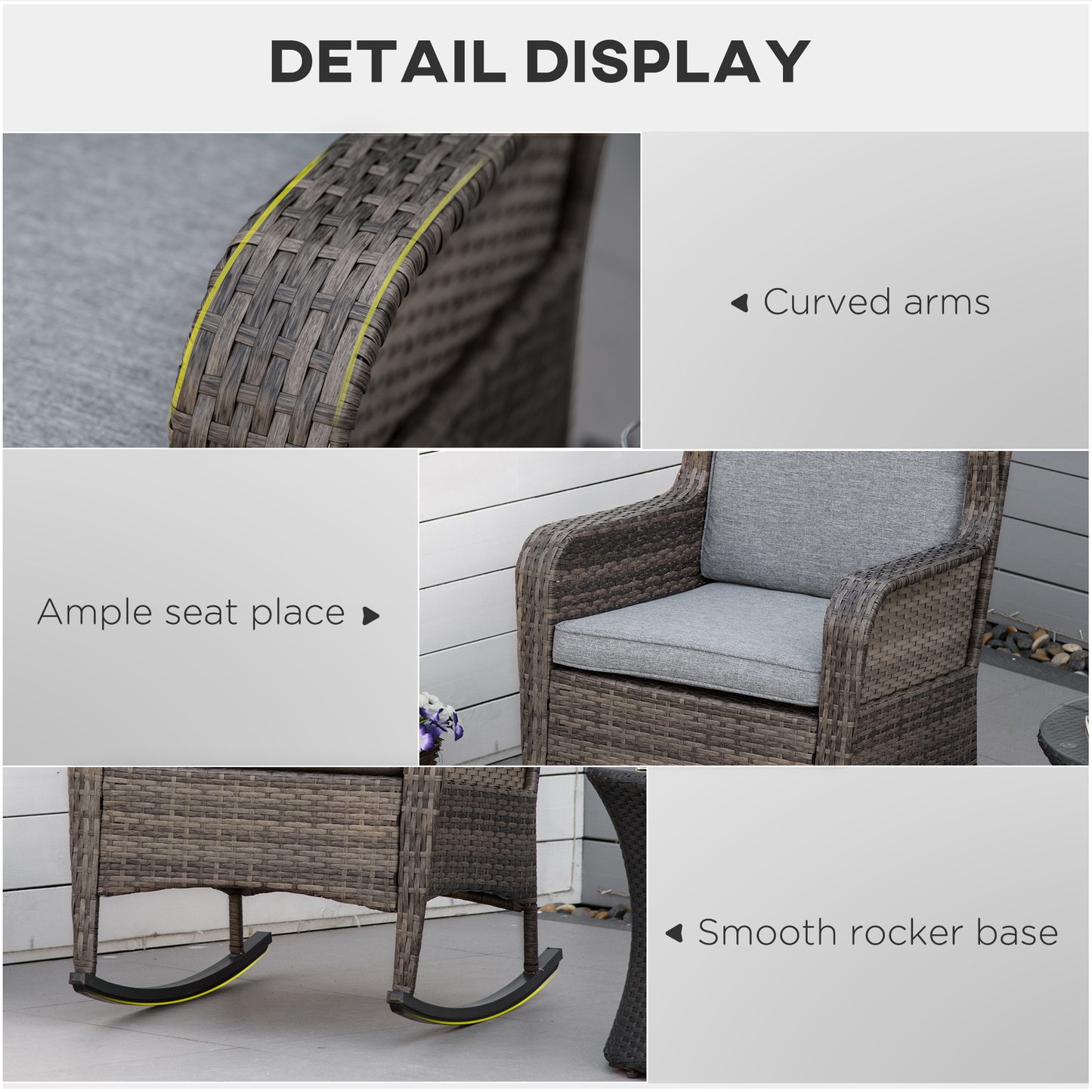 Outsunny Outdoor Wicker Rocking Chair, PE Rattan Porch Rocker with Cushions, Grey