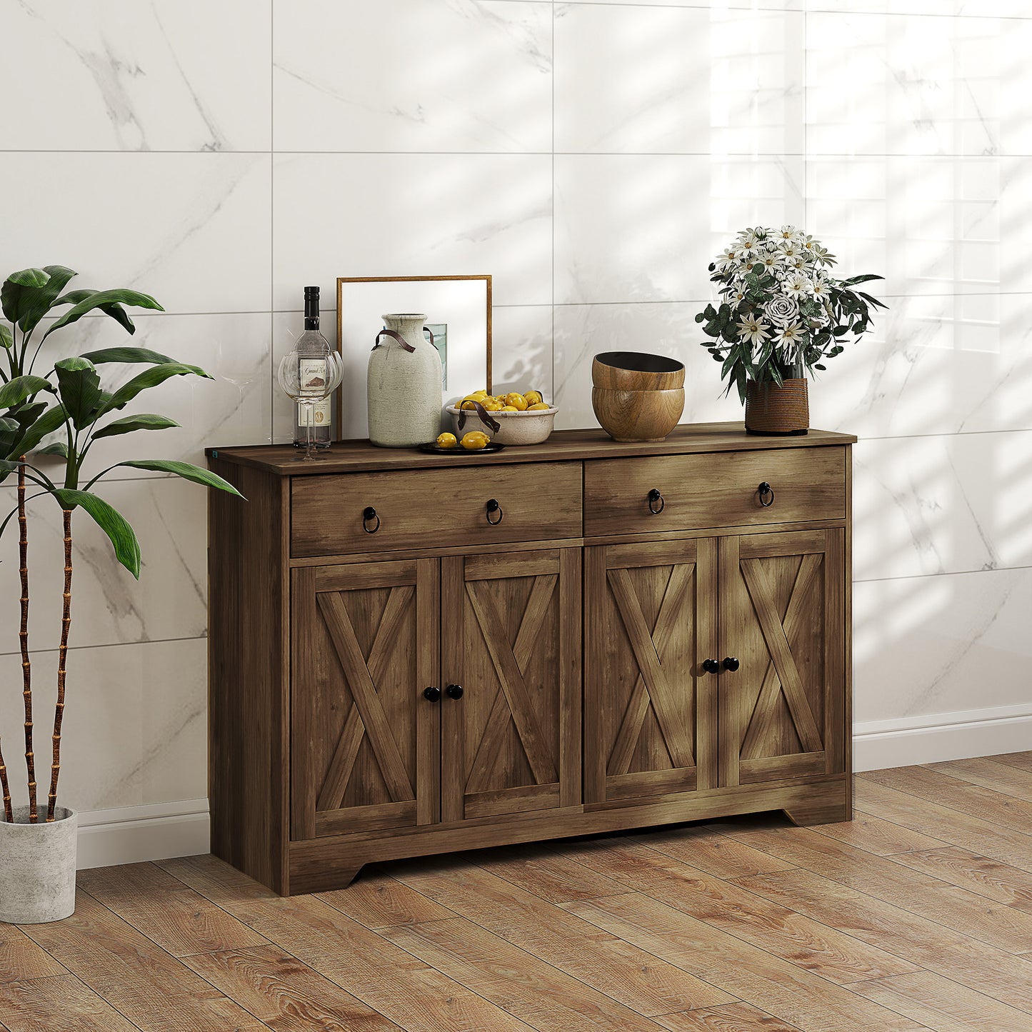 HOMCOM Sideboard Cabinet with 2 Drawers, 4 Barn Doors and 2 Adjustable Shelves, Buffet Table for Living Room, Light Brown
