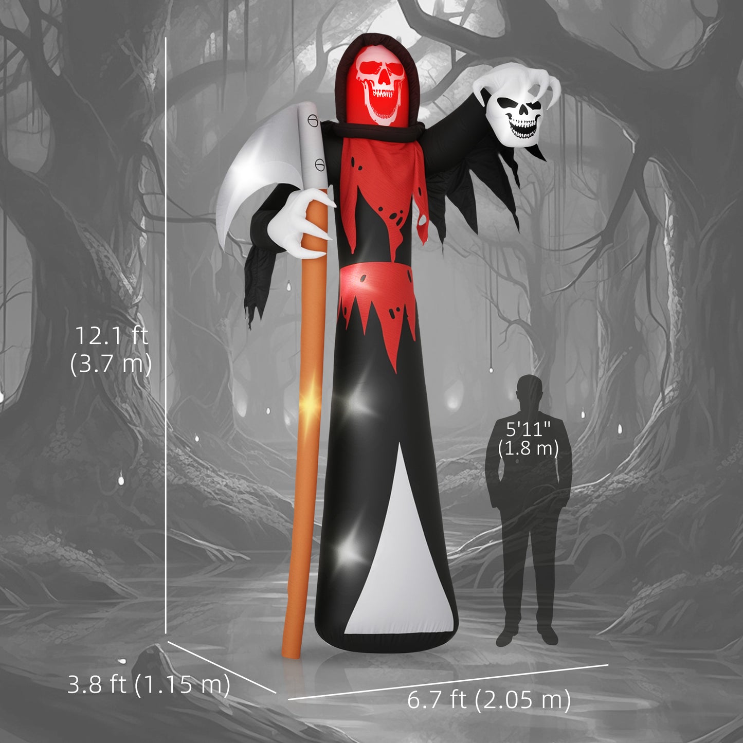 Outsunny 12 FT Halloween Inflatable Grim Reaper, Blow Up Garden Decor with Built-in Lights for Halloween Party Indoor, Outdoor