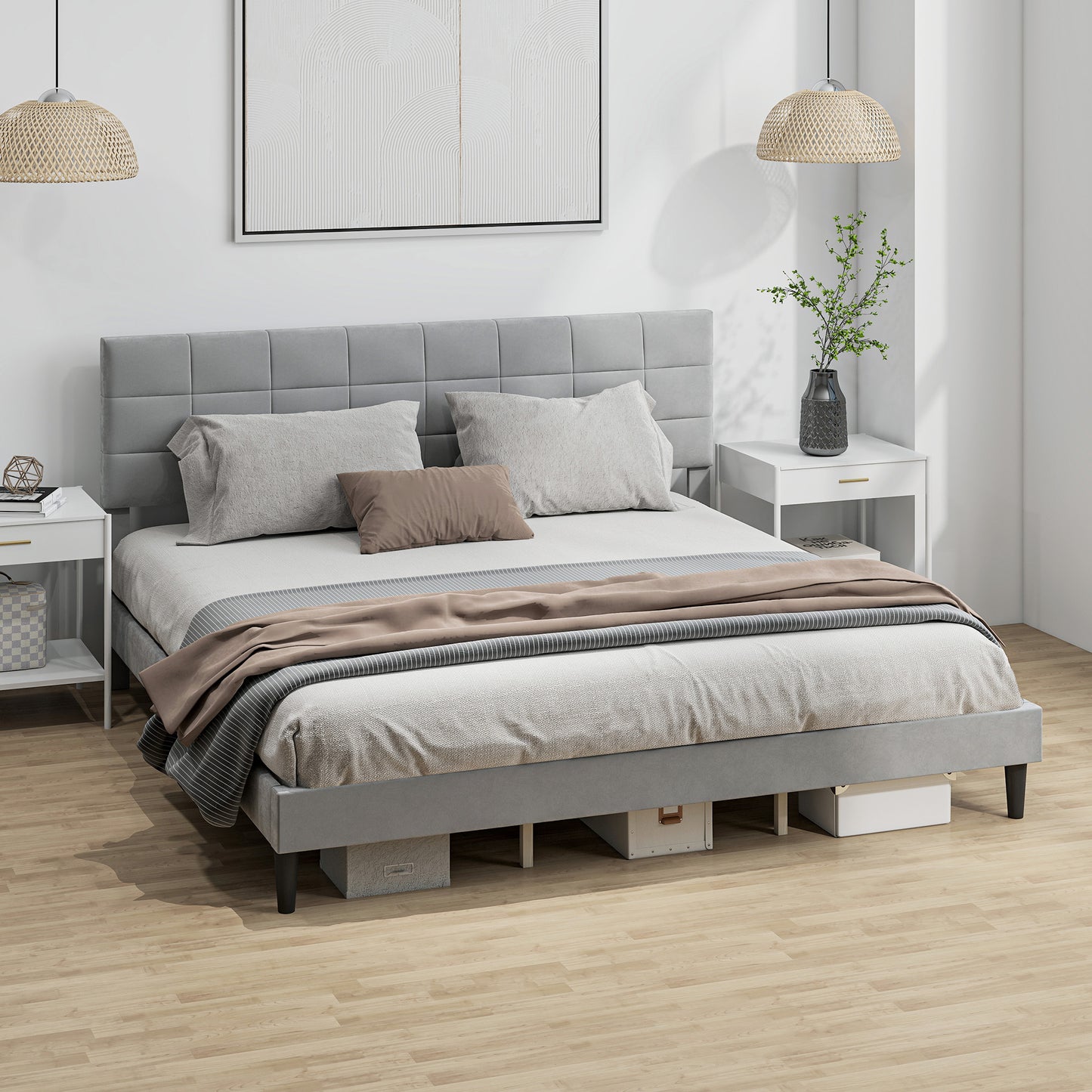 HOMCOM Queen Size Bed Frame with Upholstered Headboard, Modern Platform Bed Frame with Wood Slats, 1100 lbs Capacity, Cream