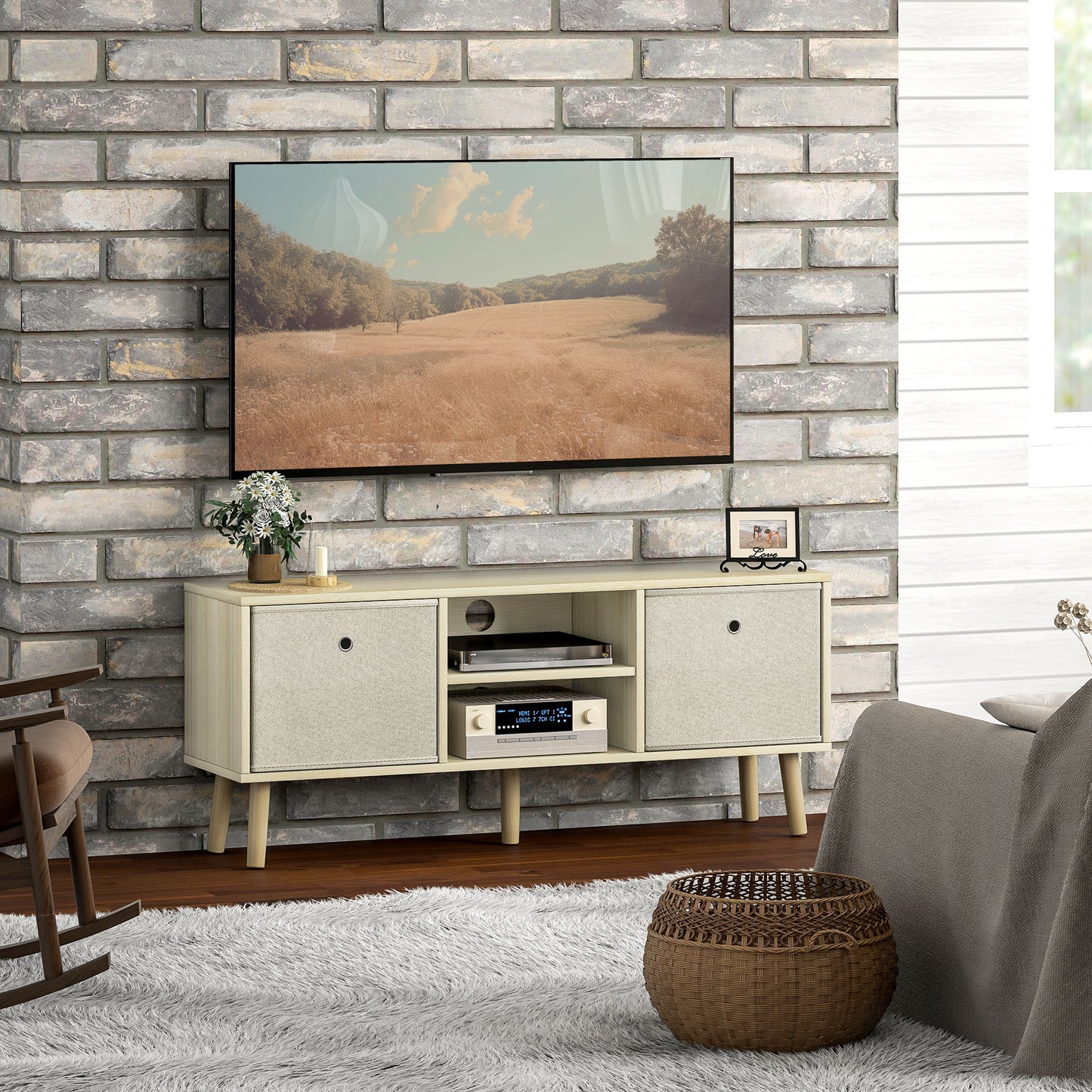 HOMCOM Modern TV Stand Cabinet with Foldable Drawers and Shelves for Living Room, Bedroom, White
