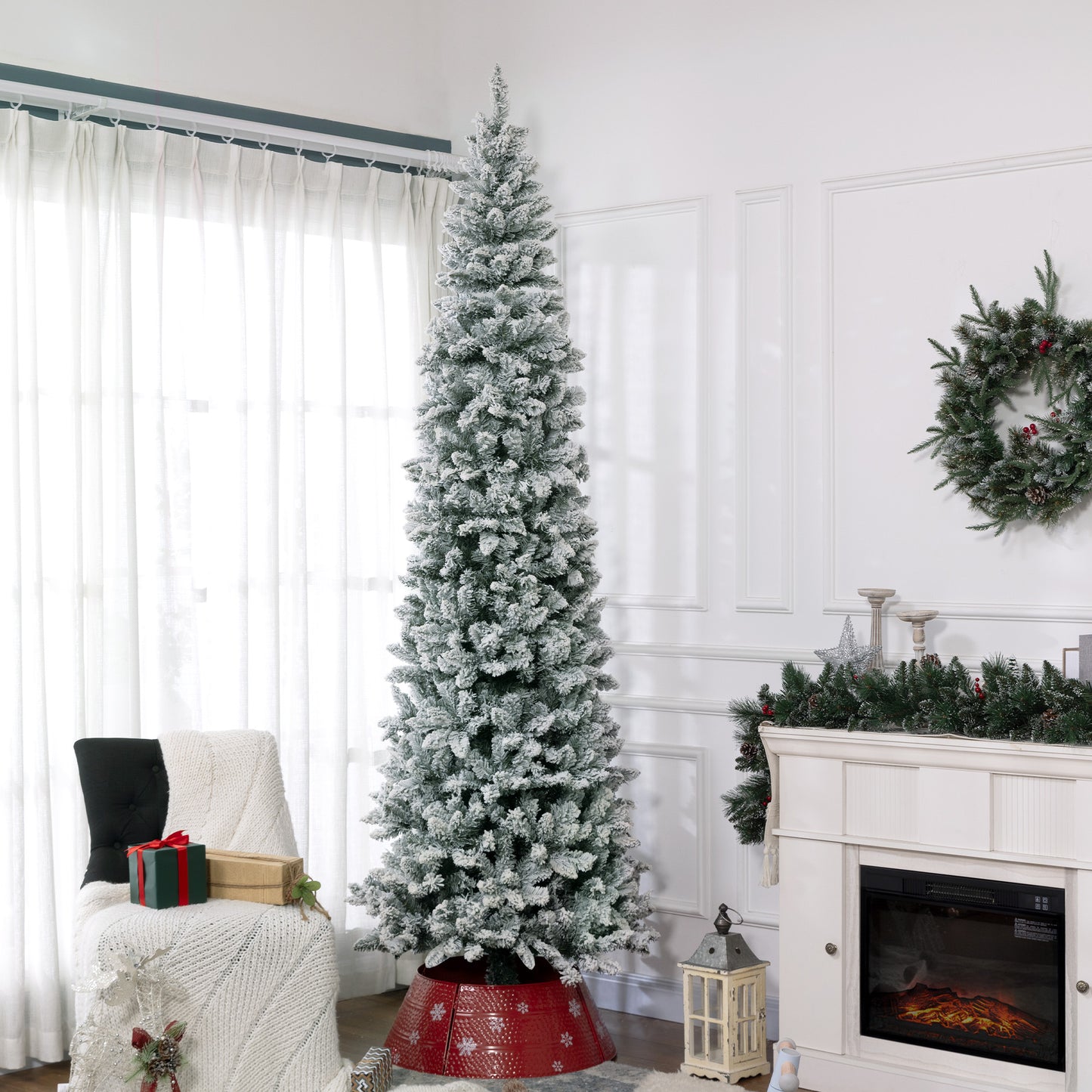 HOMCOM 9ft Pencil Christmas Tree, Flocked Tree with 1277 Branch Tips and Metal Base for Home, Indoor, Holiday