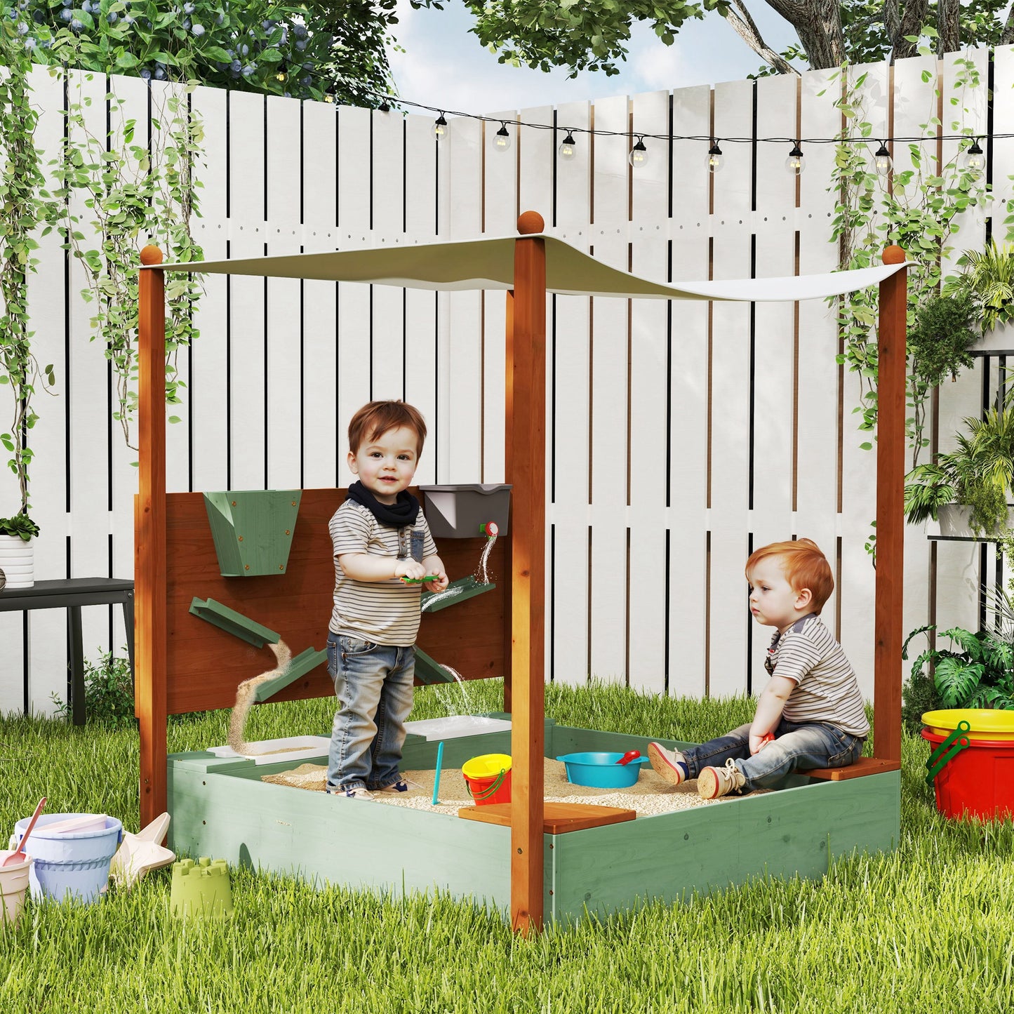 Qaba Kids Sandbox with Full Covered Canopy, Bench Seats, Bottom Liner, for Ages 3-6, 56" x 40" x 52", Brown