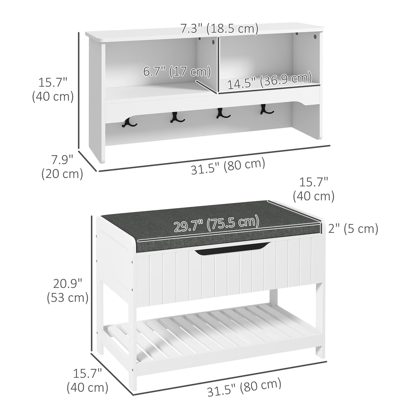 HOMCOM Wall Mounted Coat Rack with Shoe Storage Bench, Hall Tree and Bench, Clothes Hanger Rack with Shelves for Hallway White